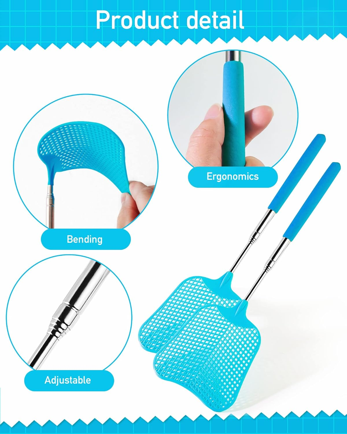 Wapodeai 2 Pack Fly Swatters Heavy Duty Set, Telescopic Fly Swatter, Stainless Steel Handle for Flyswatter (Blue) image number 6