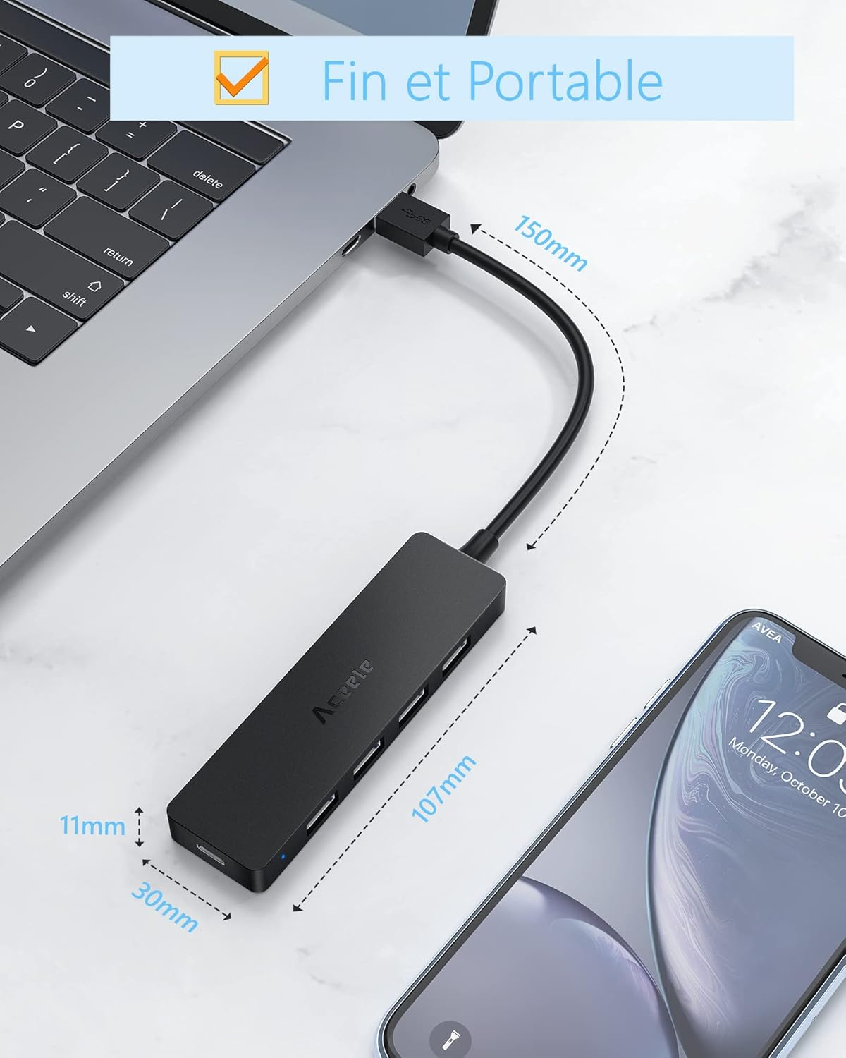 Aceele USB 3.0 HUB 5 Ports (With Power), Ultra-Slim with 4 Data Ports Type 3.0, Superspeed 5Gb/S, Micro USB Power Port, for Macbook Air/Pro, Surface Pro, Dell XPS 15, Flash Drive. image number 5