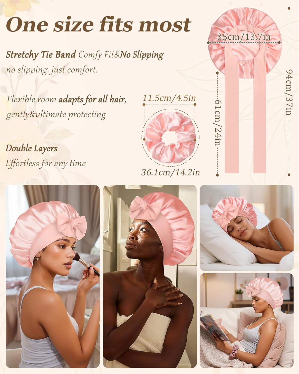 Reversible Satin Bonnet for Sleeping Women Double Layer Hair Bonnet with 2PCS Hair Scrunchies Elastic Tie Band Night Cap, Apricot Powder+Champagne - Bean Paste + Pink image number 7