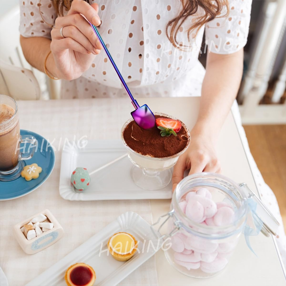 HAIKING Reusable Drinking Spoon Straws, 8 PCS Stainless Steel Spoon Straws with 2 Brushes for Coffee, Smoothie, Milkshake, Ice Cream (4 Colors) image number 3