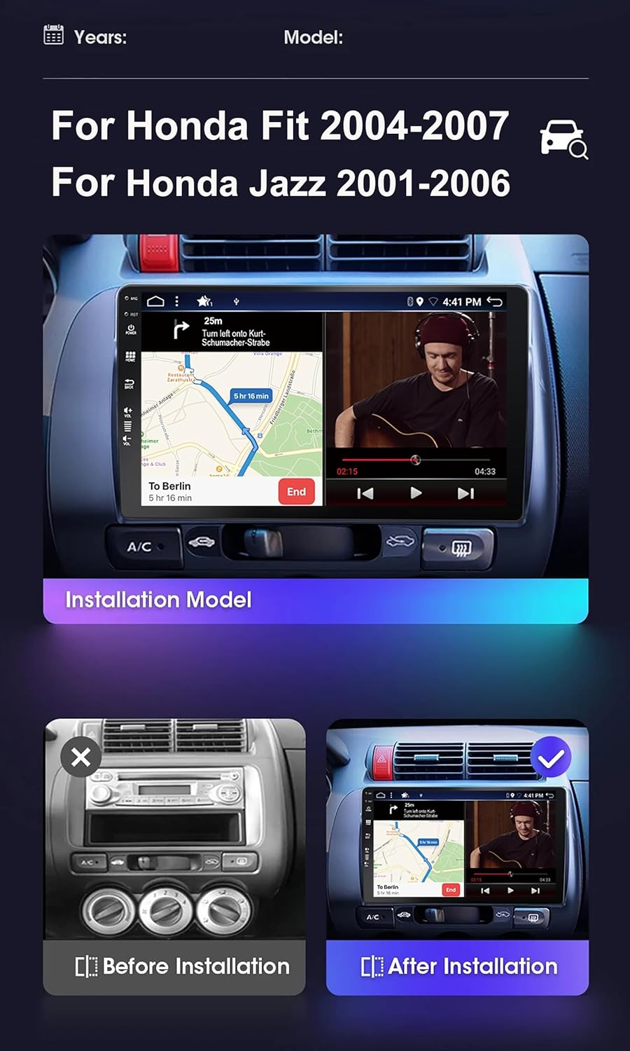 Android 14 IPS Car Stereo for Honda Fit Jazz (2004-2010) - 2G+32G - Wireless Carplay/Android Auto - Rear Camera Free - 9 Inch 2 Din - DAB Steering Wheel Fast-Boot DSP Bluetooth Wifi GPS Navi image number 1