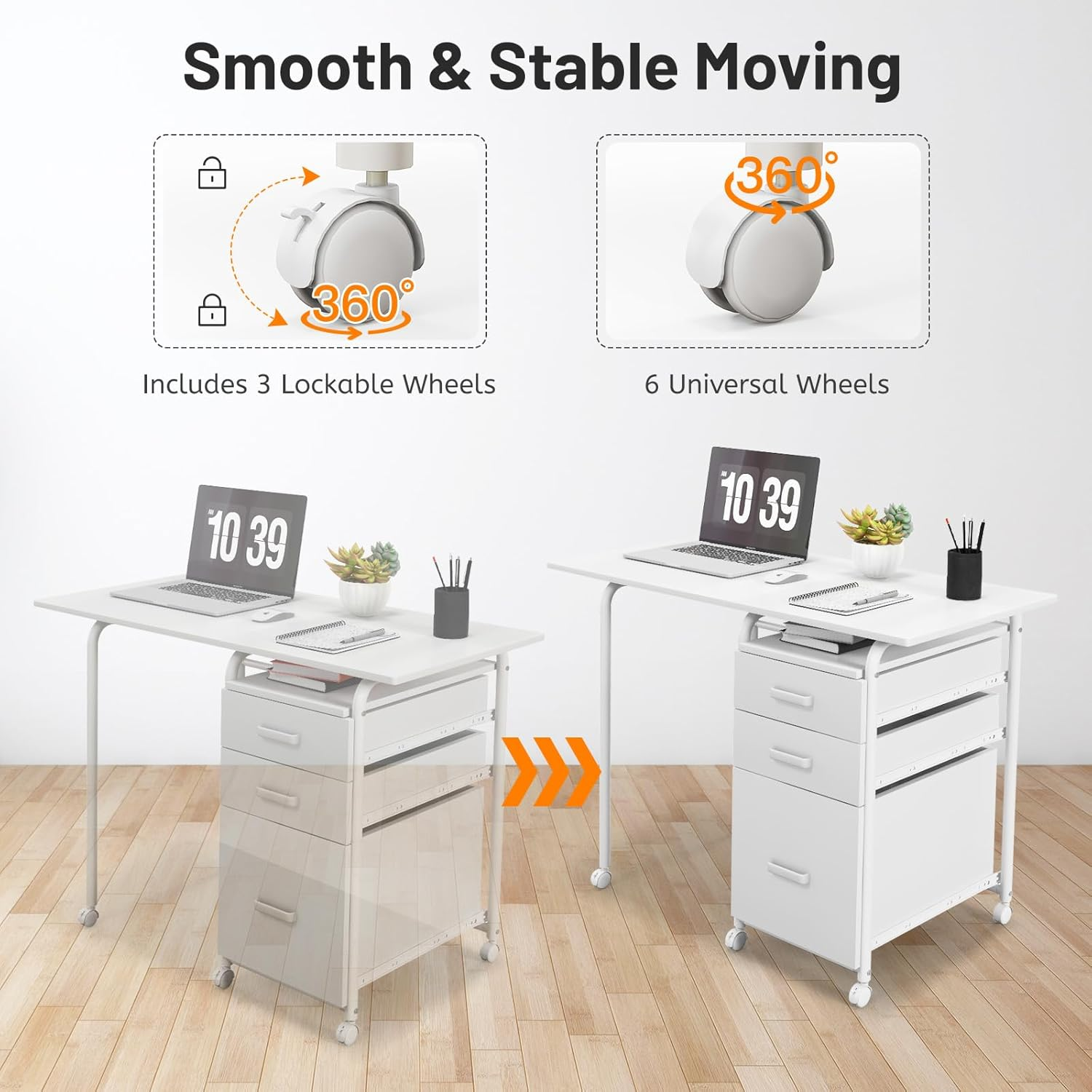 Giantex 2-In-1 Folding Computer Desk for Small Space, Rolling Home Office Desk with Drawers & Lockable Universal Wheels, Mobile Study Writing Desk for Living Room, Office, Bedroom & Study (White) image number 5