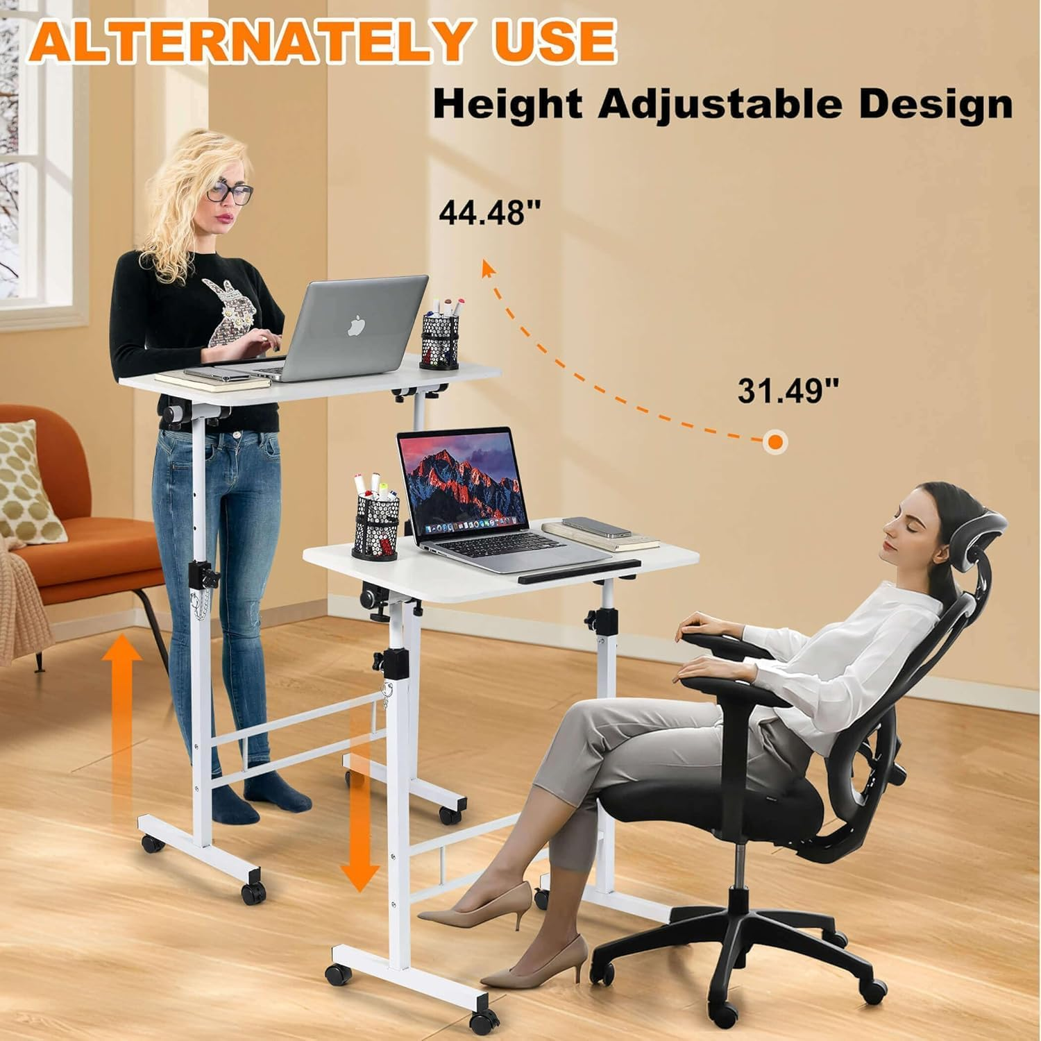 Small Standing Desk Adjustable Height, Yueme Mobile Stand up Desk with Wheels, 32 Inch Portable Rolling Desk Small Computer Desk, Portable Overbed Bedside Table End Table for Home Laptop Bed Sofa image number 5
