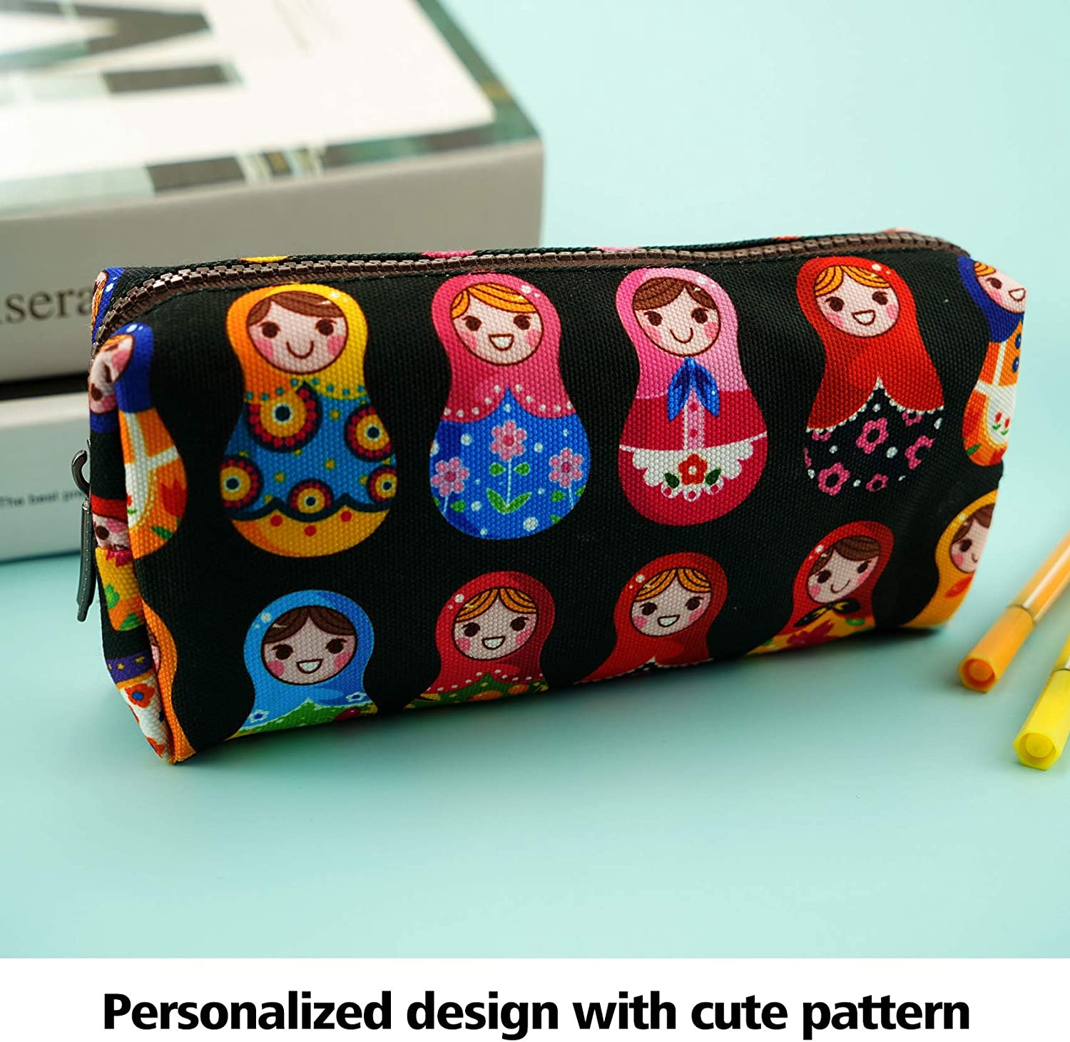 Lparkin Cute Matryoshka Doll Bag Canvas Pencil Case Zipper Pouch Small Cosmetic Bag Russian Doll Purse Teacher Gift Stationary Box Gadget Bag Make up Case Kawaii image number 2