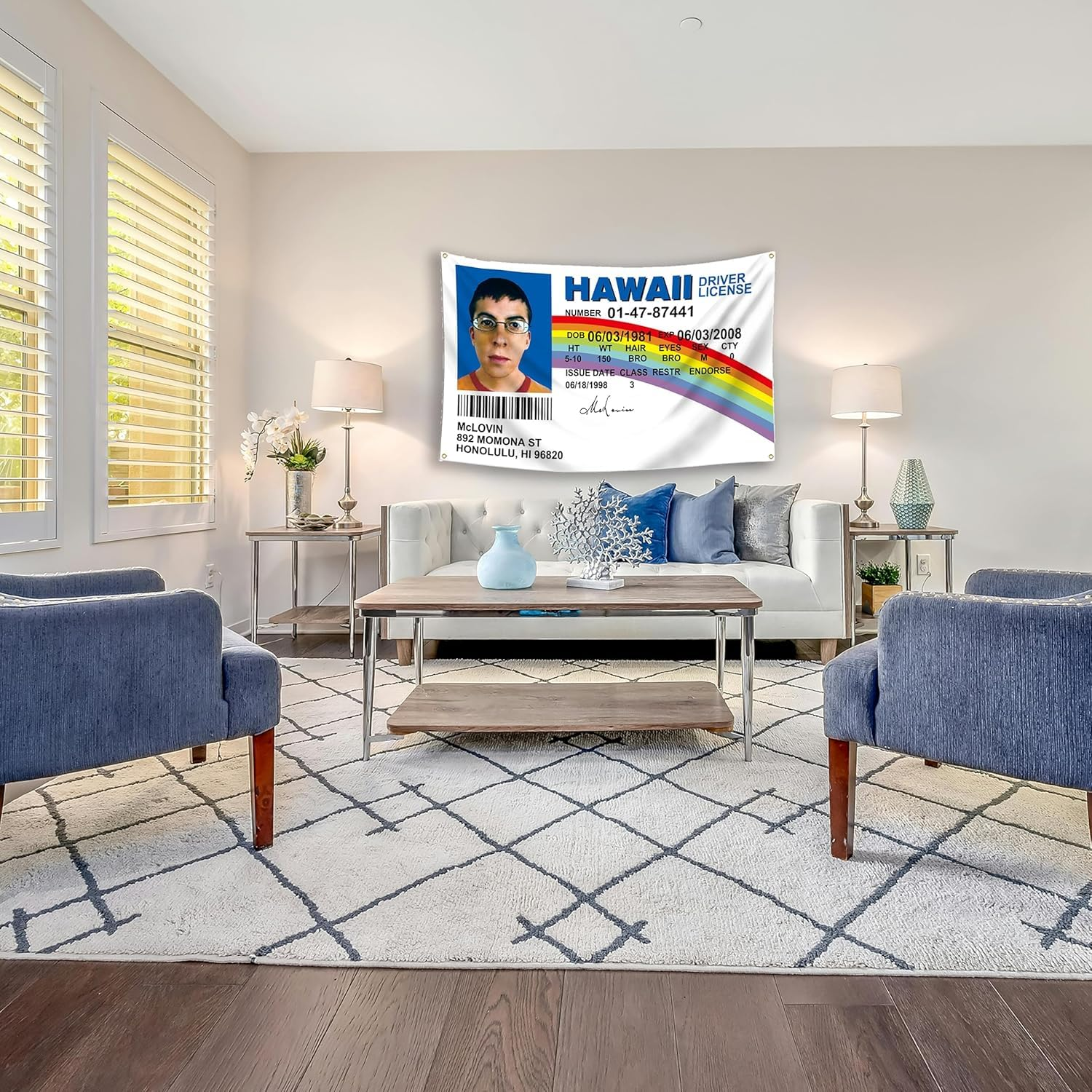 Mclovin ID Fake Driver License Indoor Flag 90 * 150 CM, Polyester Thickness, Fade Resistant, 4 Brass Grommets, Canvas Header, Vibrant Colors,Not Fear of Rain and Snow image number 1