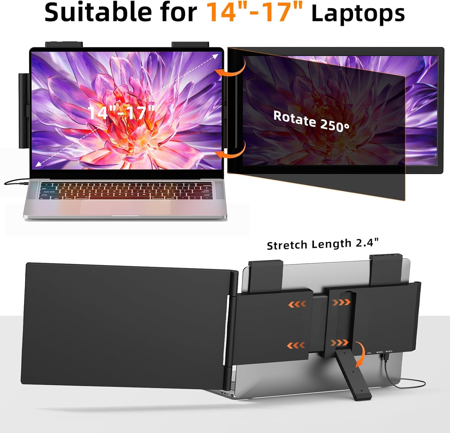 Magicraven Laptop Screen Extender, 14" 1080P Dual Screen, 250&deg; Rotation Portable Monitor for Laptop, Travel Display for 14-17'' Laptop with USB-C/HDMI Port, Plug & Play for Windows/Mac image number 4