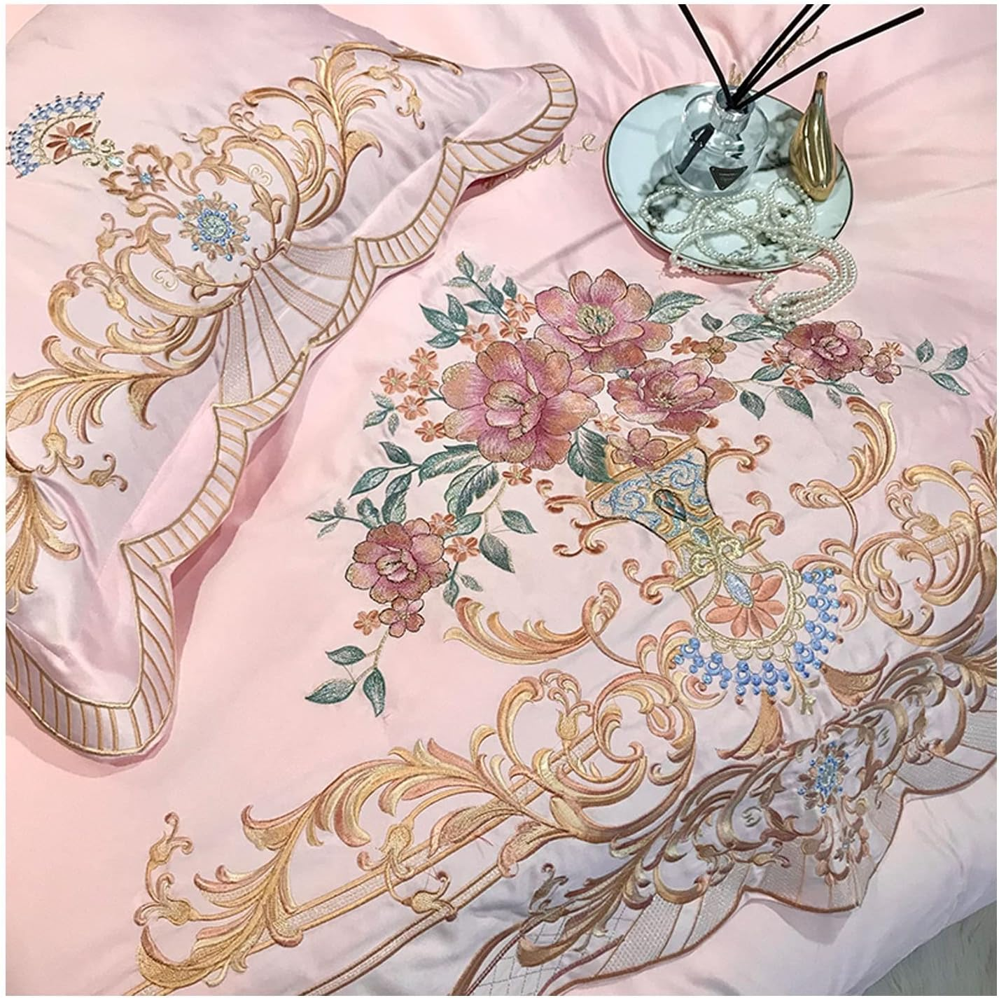4 Pieces Duvet Cover Set European Style Light Luxury 60S Cotton Embroidery Bedding Sets 1 Duvet Cover 2 Pillow Shams 1 Fitted Sheet Twin Double Queen King (Color : Pink B, Size : 200X230Cm-150X200Cm image number 2