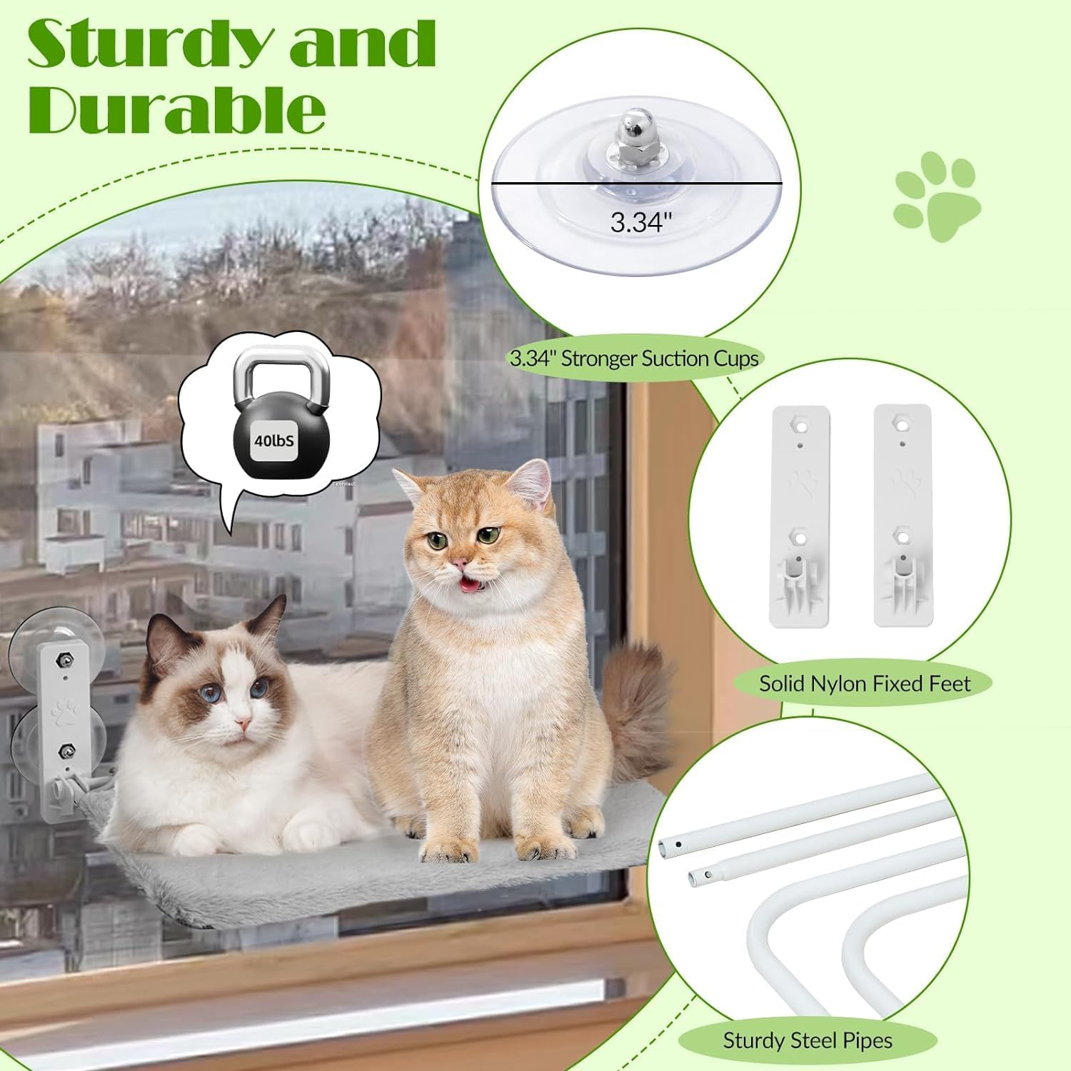 Cordless Cat Window Perch,Foldable Cat Window Hammock with 4 Suction Cups,Reversible Cover with Two Different Kinds of Fabrics,Solid Metal Frame Cat Bed for Cats Inside,Grey image number 2