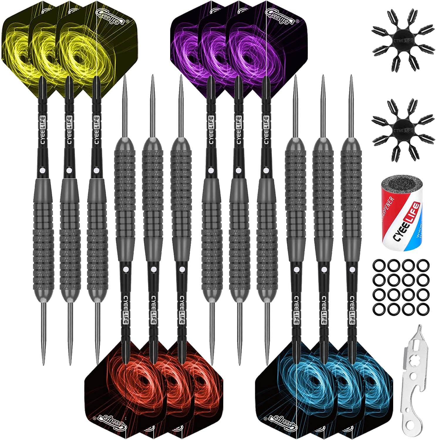 Cyeelife 12Pcs Steel Tip Darts 22/28G+16 Flights+Sharpener+Dart Tool+12Aluminium Shafts with Rubber Rings image number 3