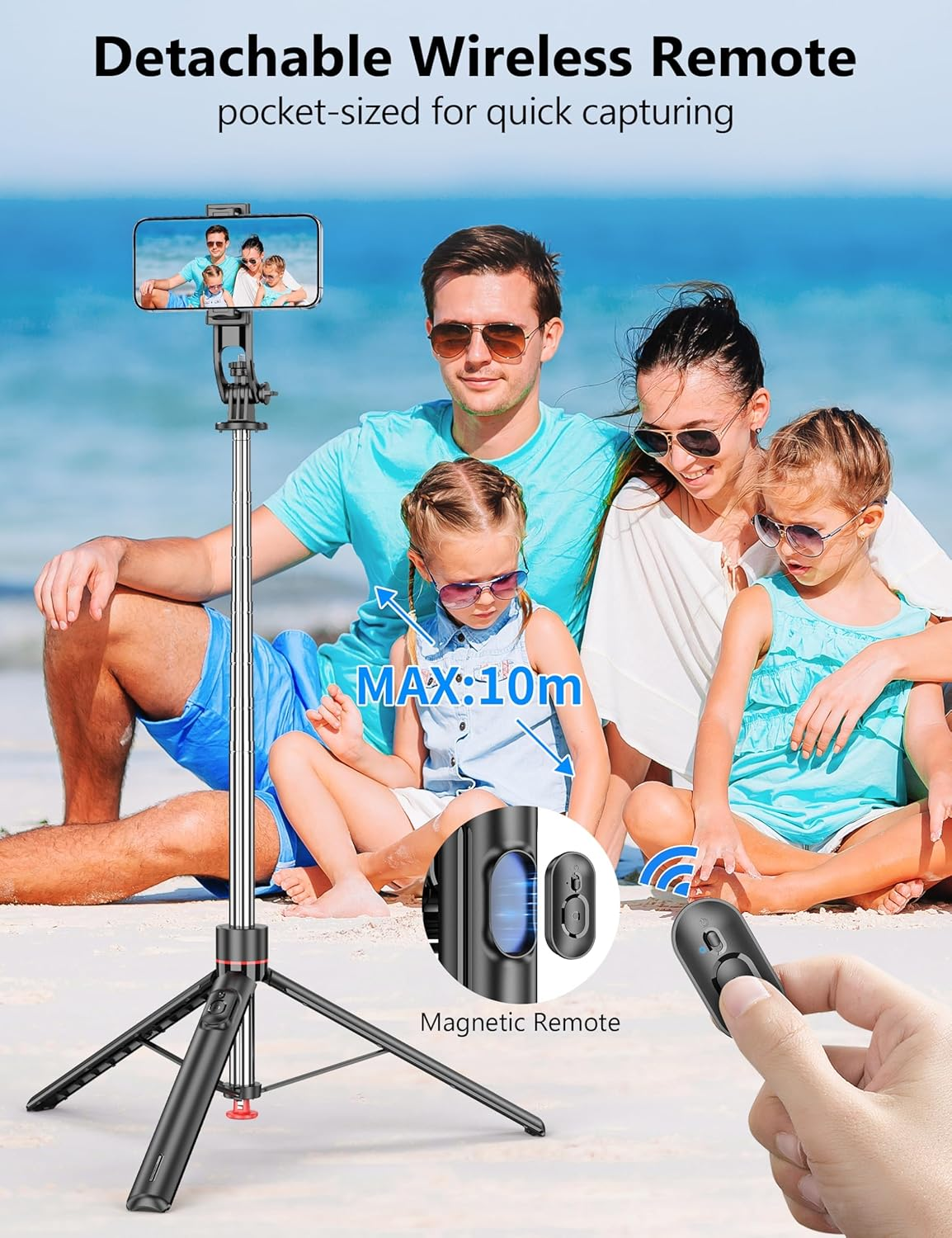 Auto Pop Open Tripod with Magnetic Remote, 178Cm Extendable Automatic Selfie Stick Tripod Compatible with Iphone Android, 360&deg; Rotatable, One-Piece Design for Vlog Video Recording image number 3