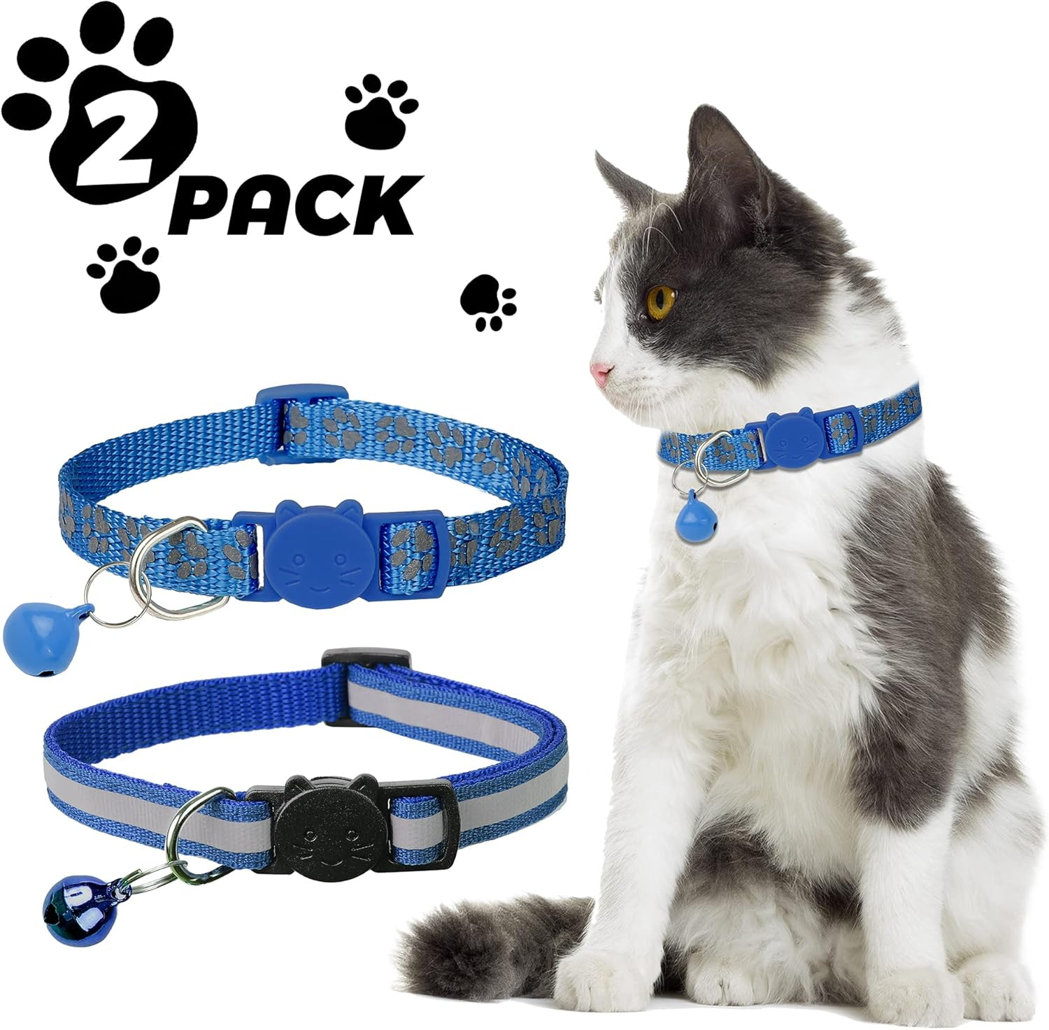BANMODER 2 Pack Reflective Cat Collar Breakaway with Bell,Personalized Kitten Collars,Adjustable Safety Buckle Collar for Male Cats Girls & Boys (Navy Blue) - Black image number 7
