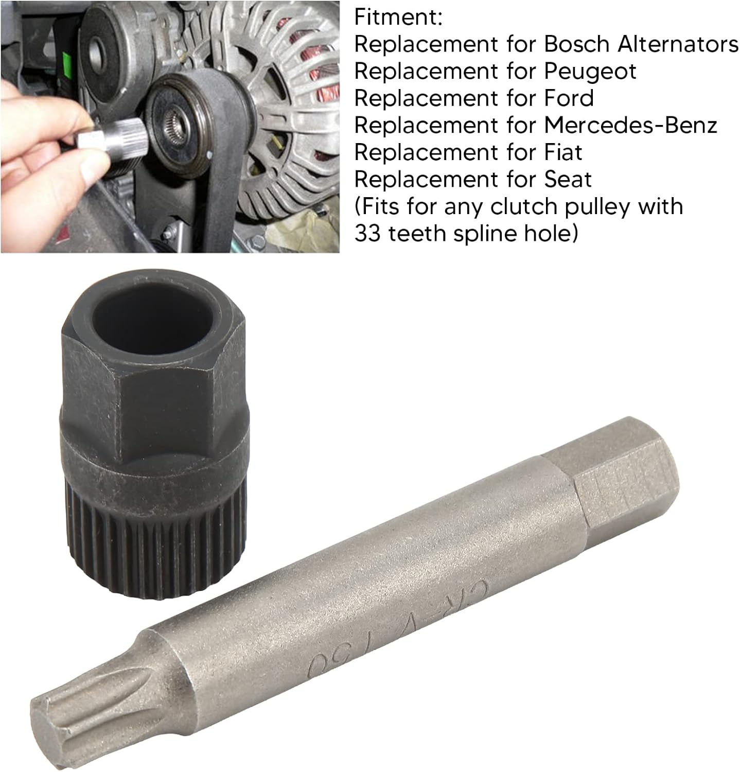 Alternator Pulley Wrench, Alternator Decoupler Pulley Tool 33 Teeth Spline Socket T50 Drill Bit Puller Remover Tool, Easy to Use with Replaceable For, image number 3