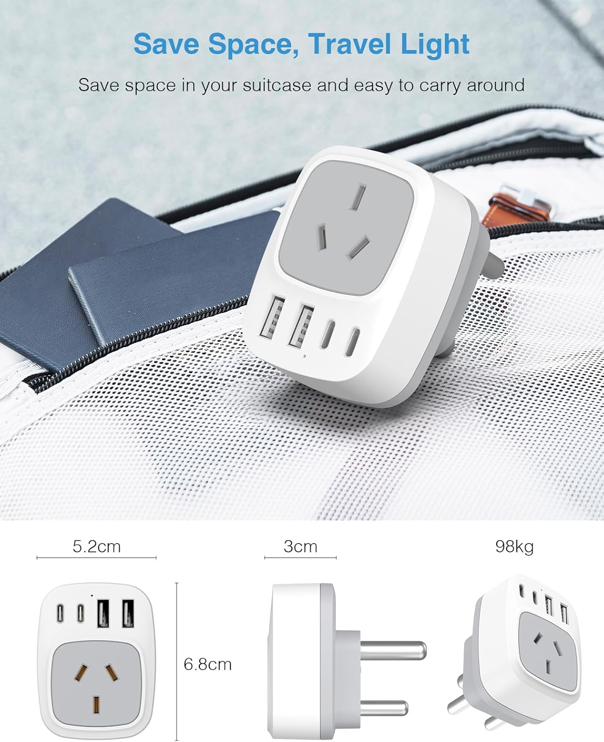 Dozianai South Africa Travel Adapter, AU to South Africa Plug Adapter,Type M Power Plug for Bhutan,Malaysia,Namibia,Nepal,Pakistan,Singapore, Sri Lanka-White image number 4