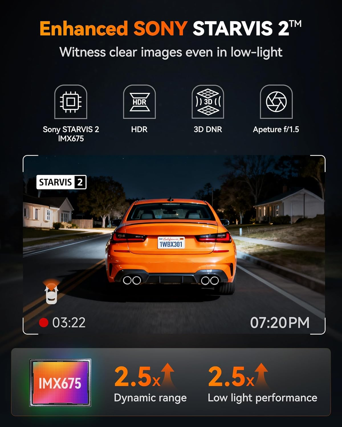 WOLFBOX X3 2.5K 1440P 60FPS Dash Cam, STARVIS 2 IMX675 with ADAS, 1440P+1080P Dual Dash Cam Front and Rear Camera with Built-In 5.8Ghz Wifi & GPS, 64GB Card, Touch Screen, G-Sensor, Loop Recording image number 1