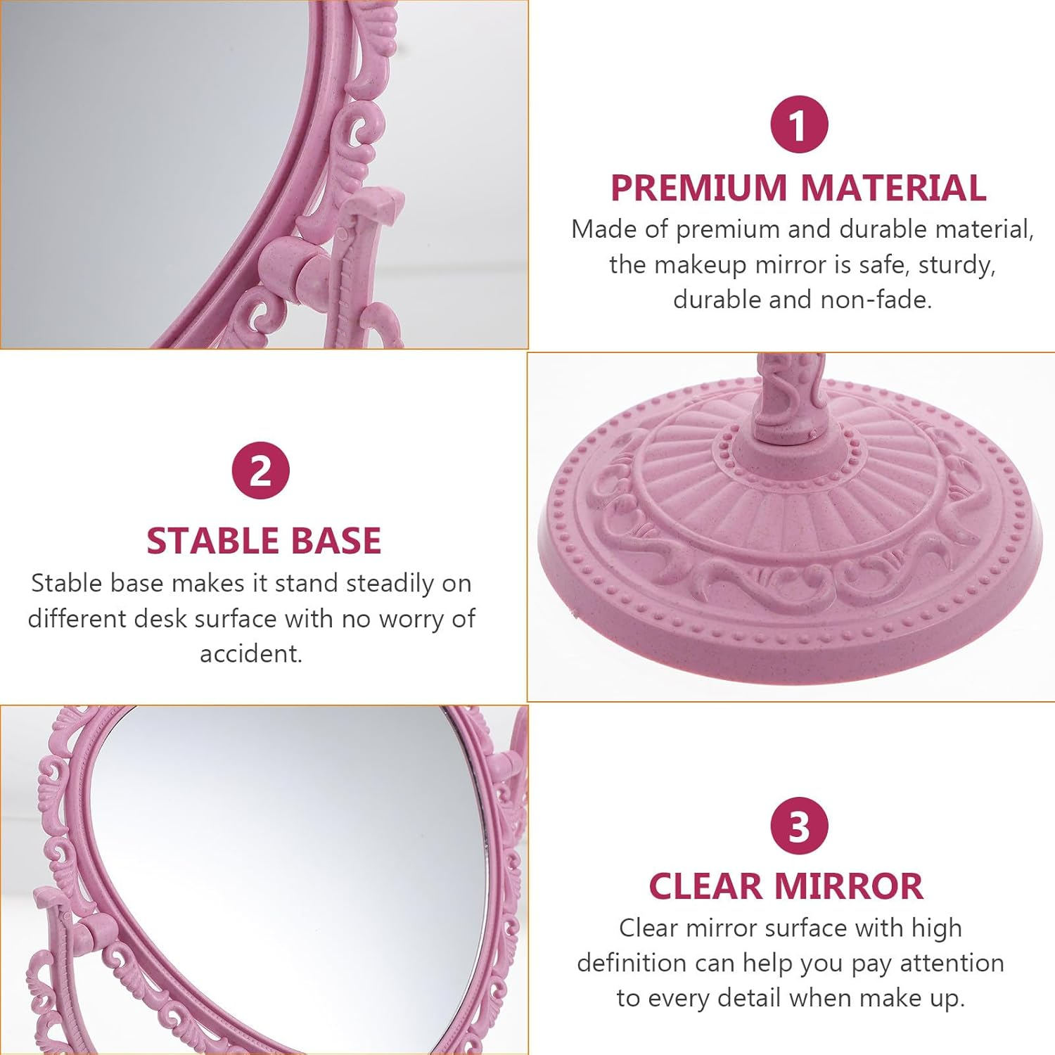 CLISPEED Double-Sided Rotating Heart Shape Vintage Makeup Mirror, Pink Desktop Table Mirror Standing Design for Women&rsquo;S Vanity and Bedroom image number 2