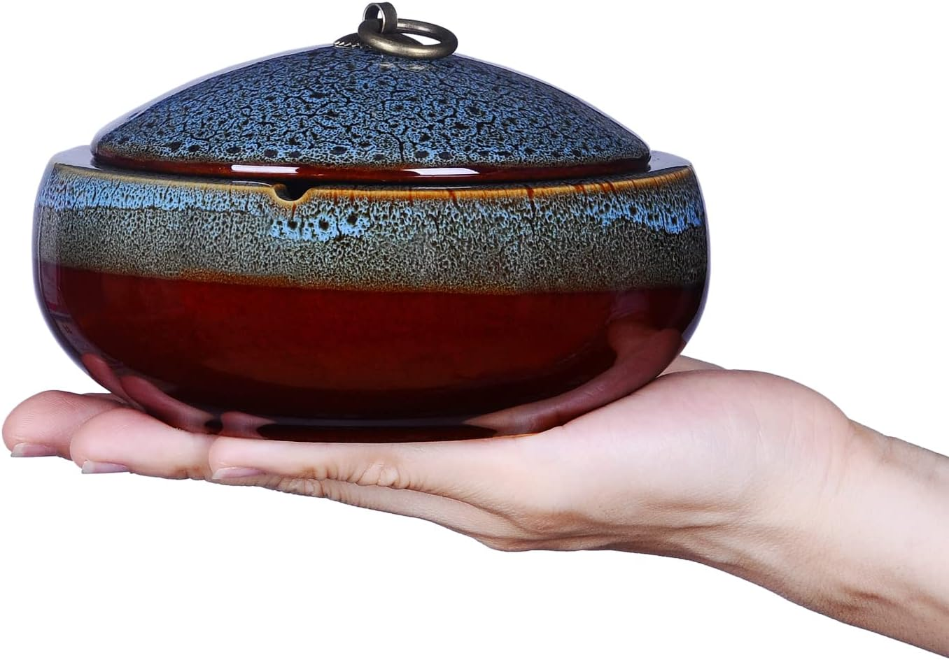 Ceramic Ashtray with Lids Windproof Cigarette Ashtray for Indoor or Outdoor Use Ash Holder for Smokers Desktop Smoking Ash Tray for Home Office Decoration (Blue-X) image number 3