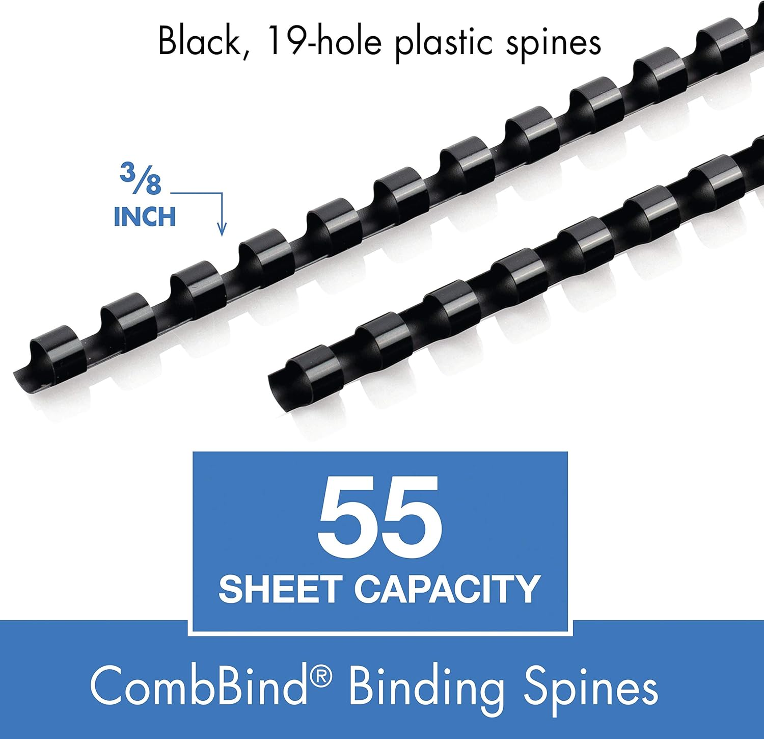 Mead Combbind Binding Spines/Spirals/Coils/Combs, 3/8", 55 Sheet Capacity, Black, 125 Pack (4000132) image number 1