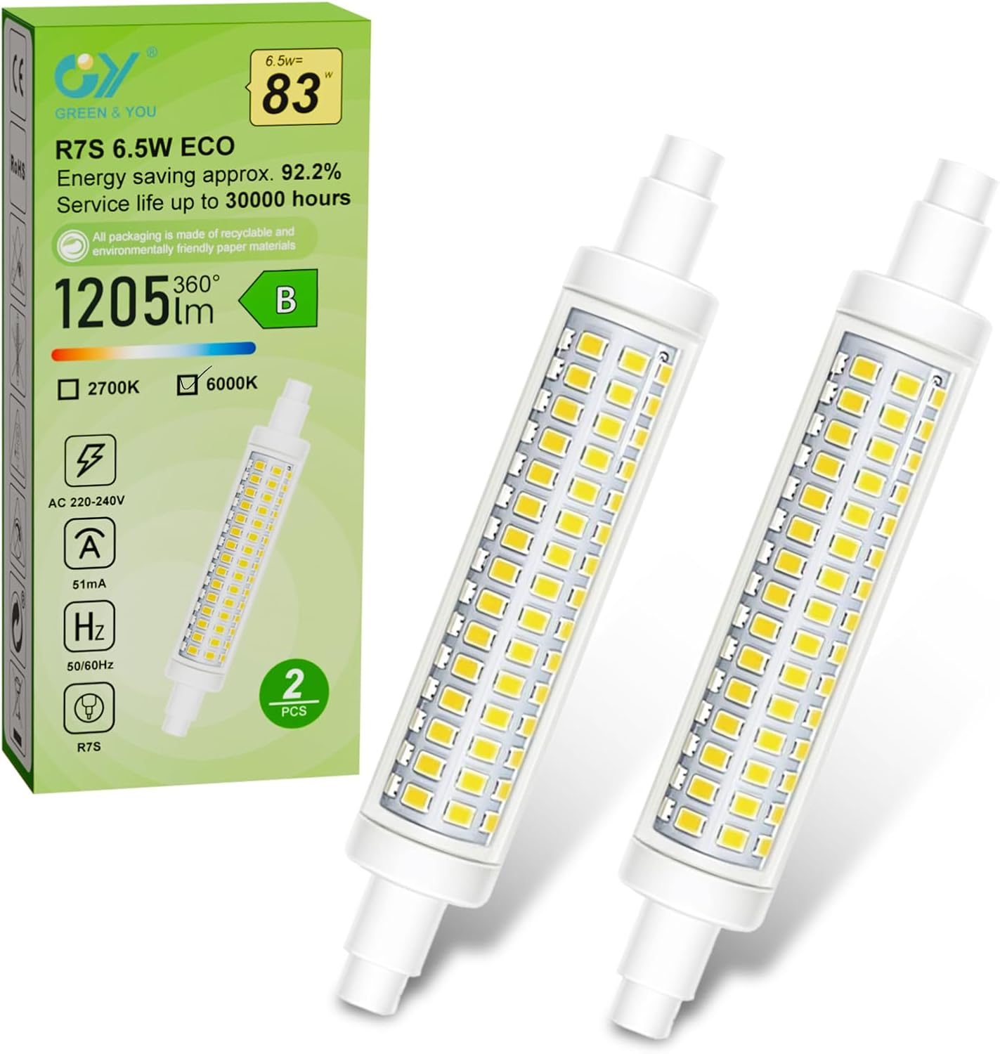 GY Class B R7S LED Light Bulb 6.5W 230V 1205 Lumen, Cool White 6500K, 6.5Eq.100W, Energy Saving Non-Dimmable Light Bulb - Ideal for Desk Lamps, Ceiling Lighting and Projectors, Pack of 2 image number 1