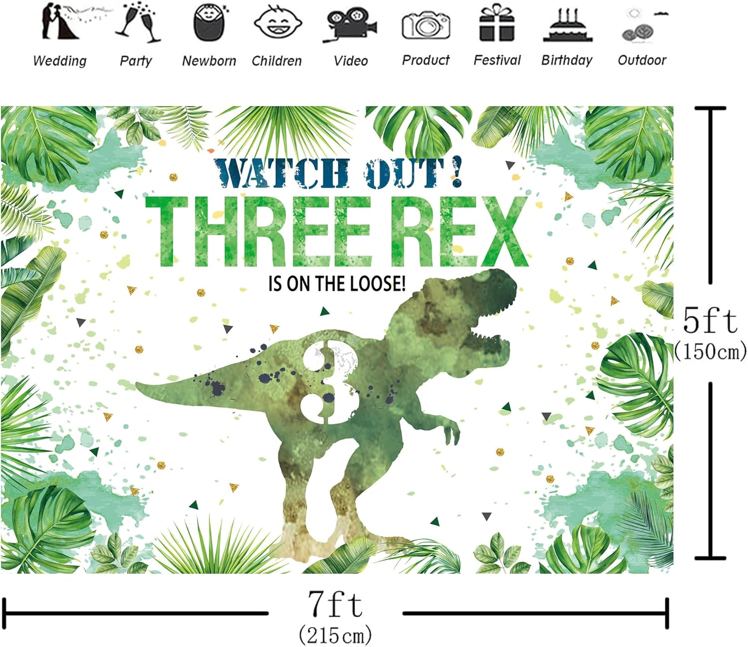 Hilioens 7&times;5Ft Three-Rex Birthday Backdrop for Boys Dinosaur 3Rd Birthday Green Leaf Background 3 Years Old Dinosaur Theme Party Banner Decorations image number 2