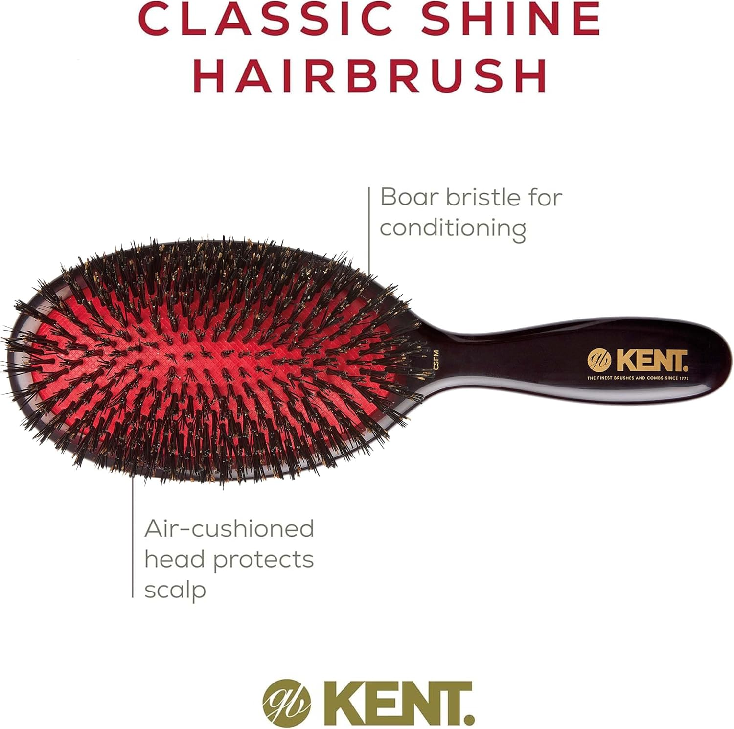 Kent Classic Shine Cushioned Bristle Hair Brush, Black, Medium