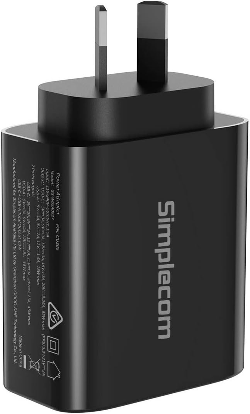 Simplecom CU265 Dual Port PD 65W Gan Fast Wall Charger USB-C + USB-A for Phone Laptop image number 5