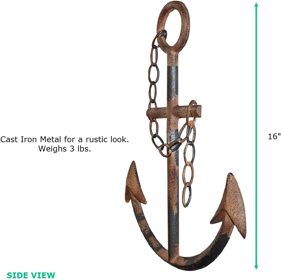 Large 16" Cast Iron Metal Anchor Wall Decor with Chain | Nautical Boat Anchor Farmhouse Home Beach Tropical Aquatic Ocean Lake House Decor (Rustic) image number 3