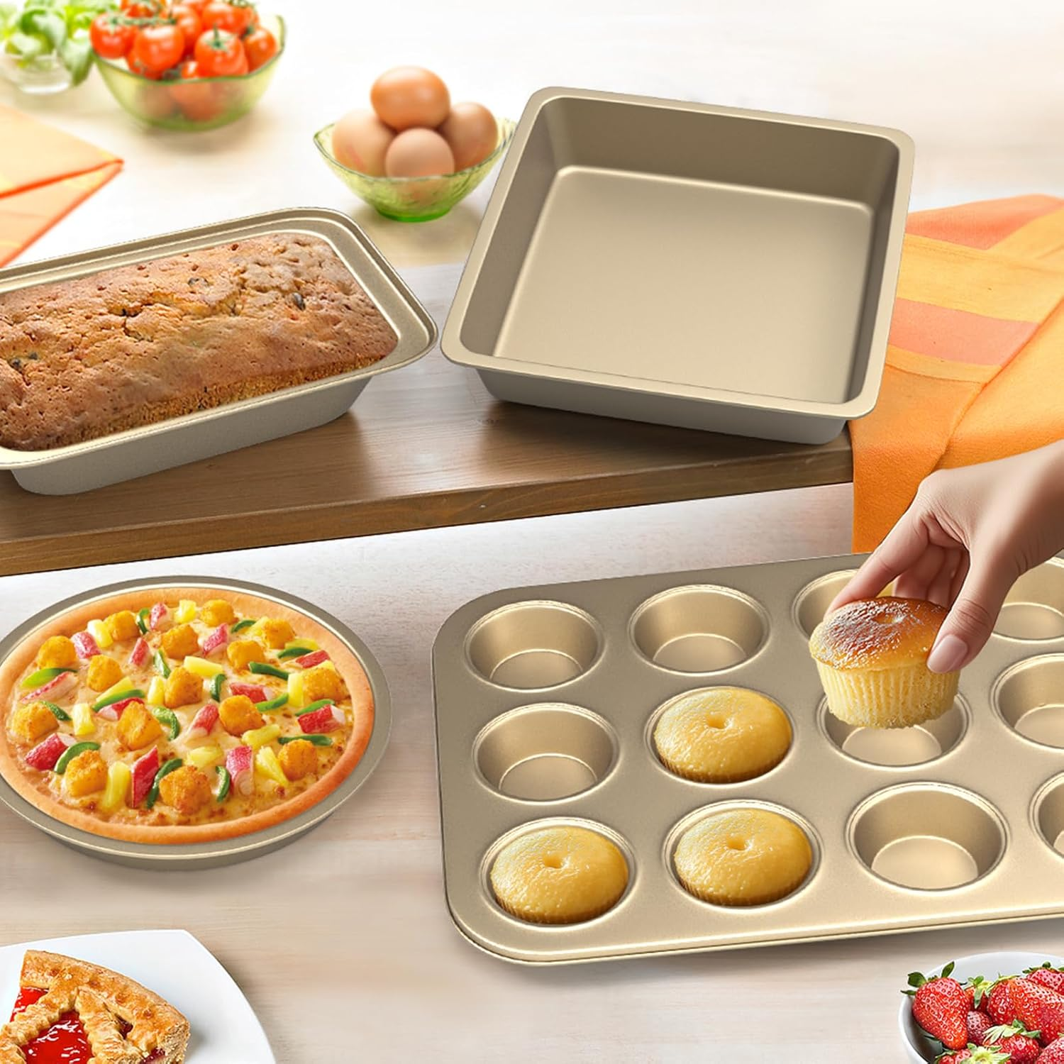 Casaculina Baking Pans Set, 5-Piece Nonstick Bakeware Sets with Round/Square Cake Pan, Muffin Loaf Roast Pan, Baking Sheets for Oven, Kitchen Cookware Sets Baking Tray Baking Supplies, Gold - Black image number 2