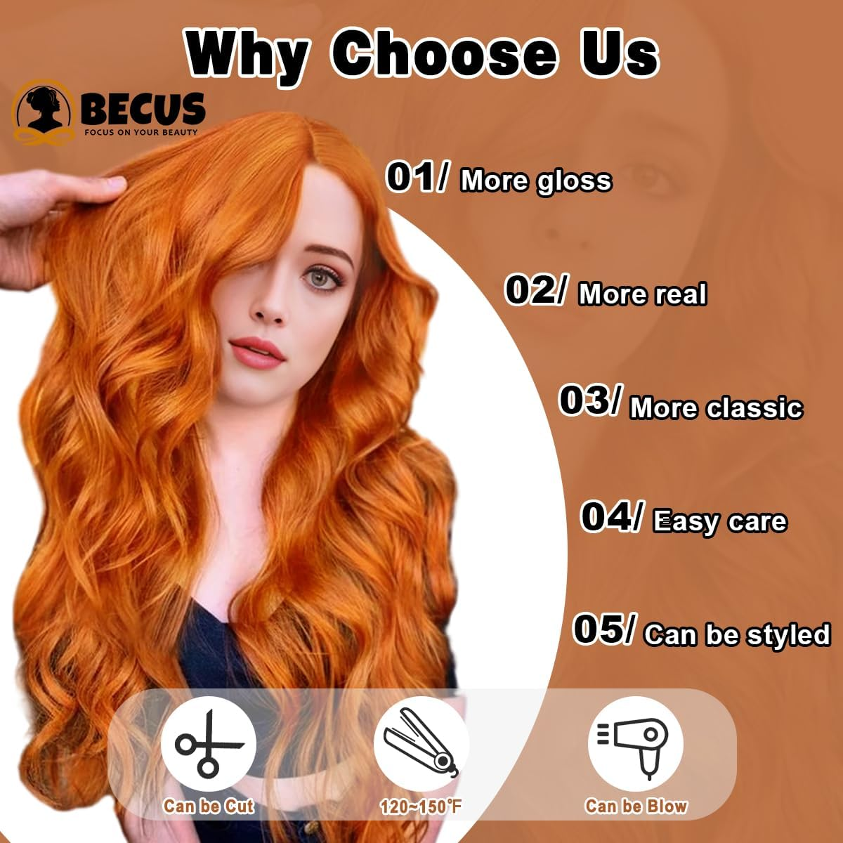 BECUS Long Ginger Wigs for Women Orange Wavy Curly Wig with Bangs Synthetic Hair Wig - 1B image number 7