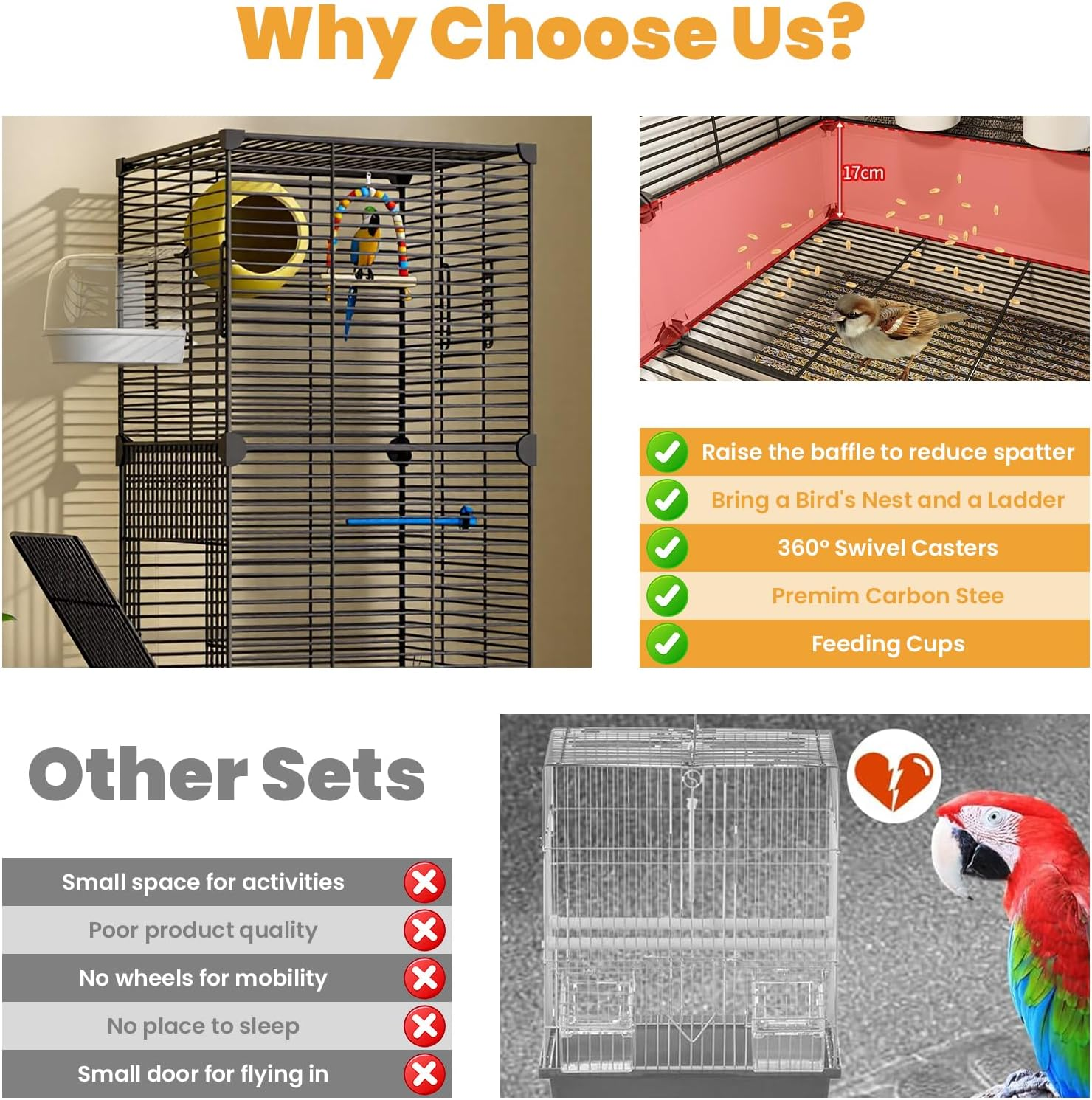 Uandhome Large Bird Cage, Wrought Iron Parrot Cage, Bird Cages with Wheels, Parakeet Flight Cage, Side Nesting Doors, Heavy-Duty Pet Birds House for Birds Aviary, Parakeets, Standing Birdcages(Black) image number 3