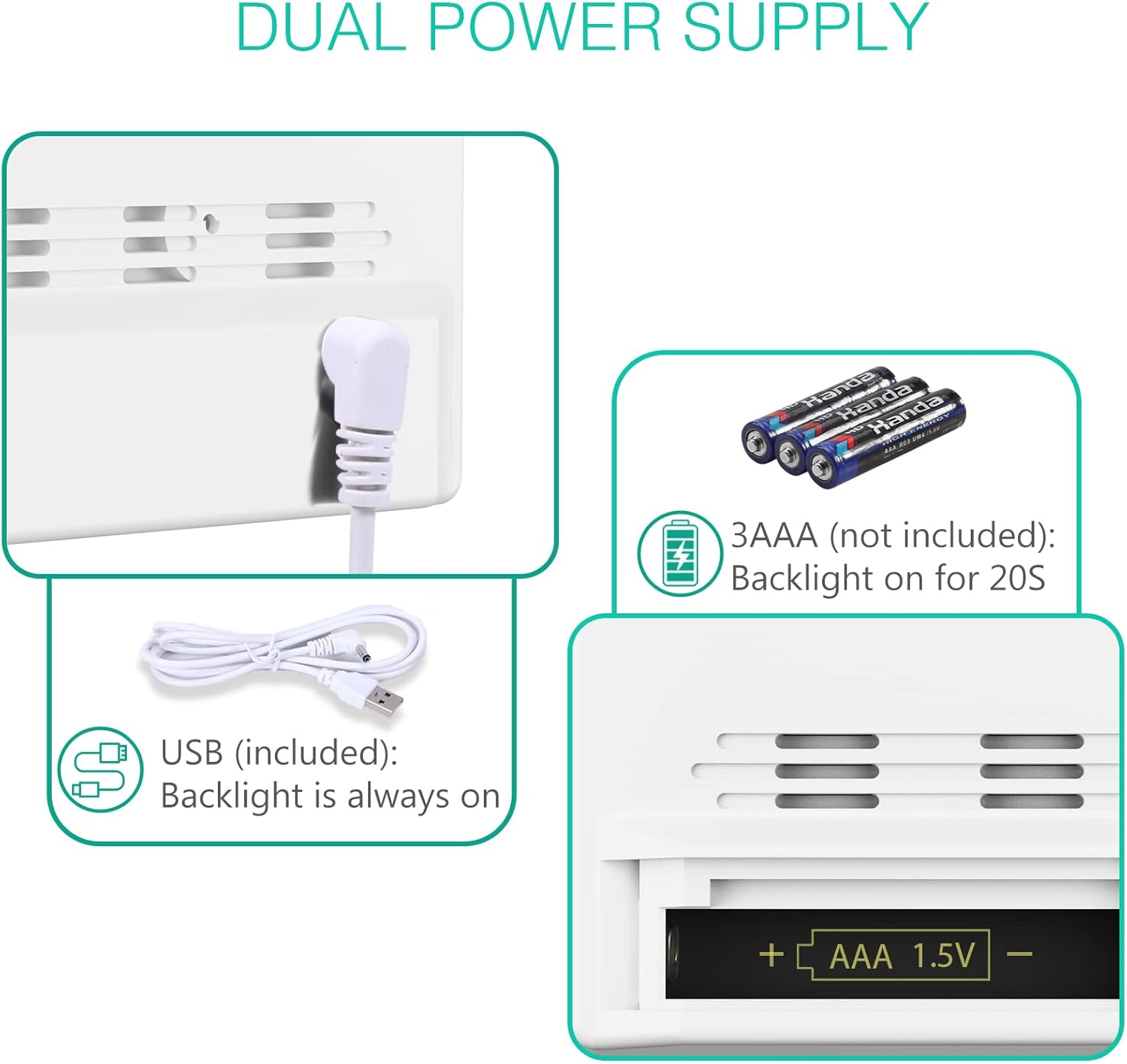 ORIA Digital Alarm Clock, LED Alarm Clock with Large Display, Desk Clock with Temperature, Dual Alarm, Snooze, Sound Control Function, USB Charging Bedside Clock for Bedroom, Office -White image number 4