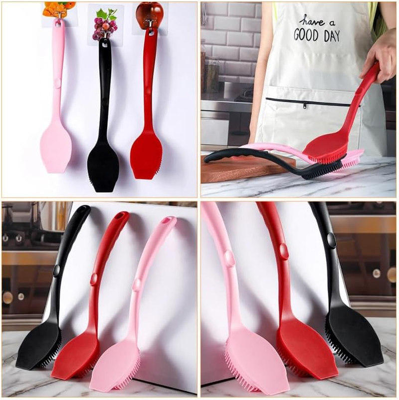 Operitacx Long Handle Silicone Dish Washing Brush for Kitchen Pots Pans and Sinks with Elastic Bristles and Hanging Loop Easy Storage - Red image number 2
