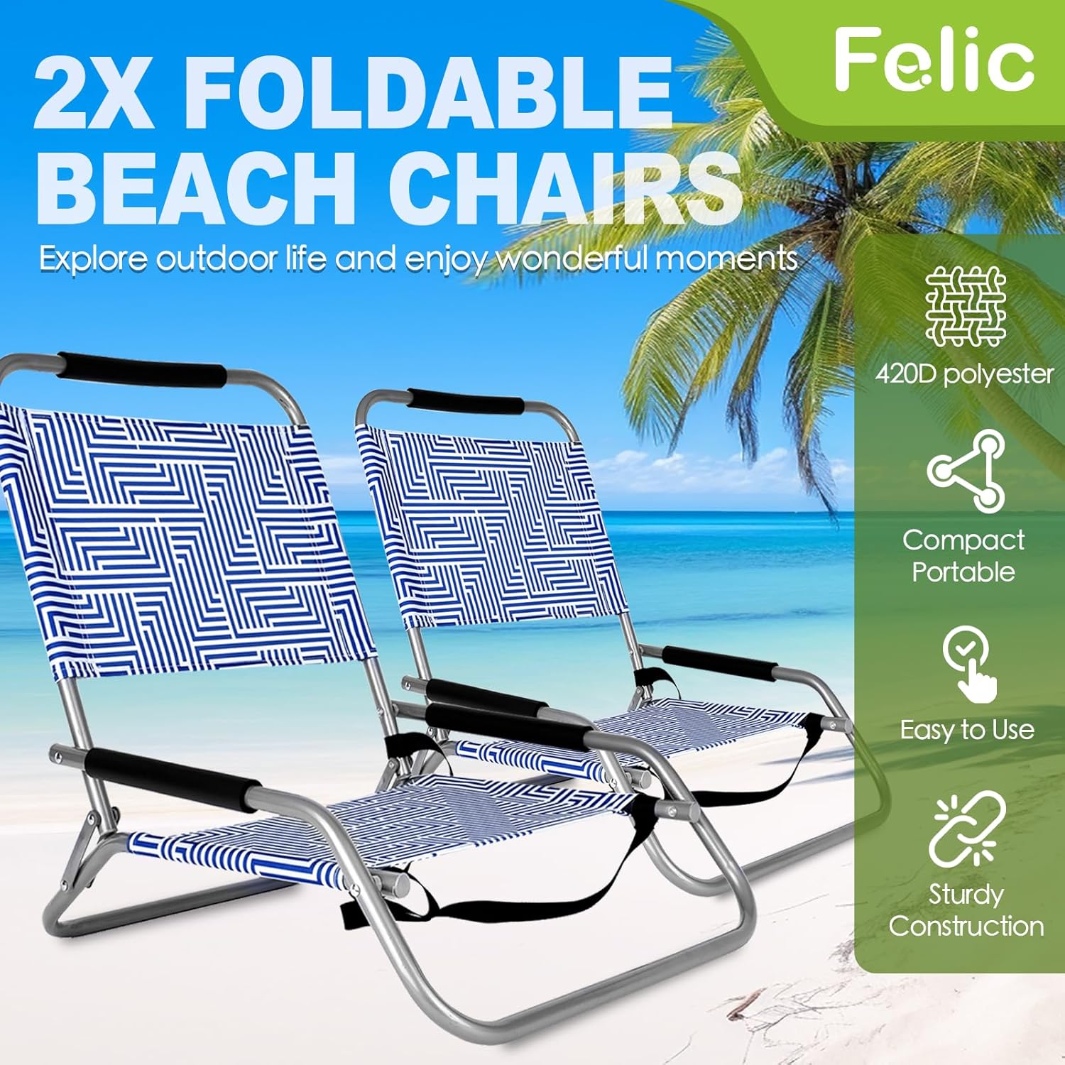 Felic Folding Backpack Beach Chair Set of 2 - Foldable Beach Chairs Outdoor Chairs for Adults, Perfect Camping Chairs Lawn Chairs for Outdoor Adventures, 100KG Capacity image number 3