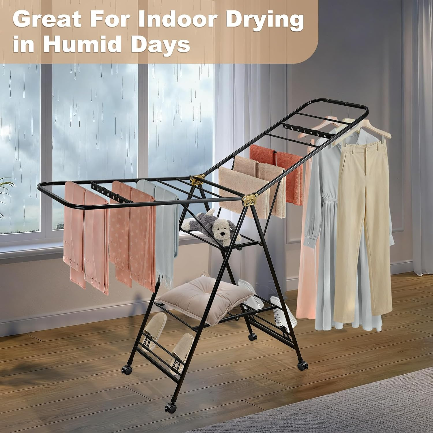 Clothes Drying Rack Foldable, 160Cm Clothes Airer Drying Rack with Wheels, Heavy Duty Metal Laundry Dryer, 3-Tier Clothes Rack Free-Stand,Indoor Outdoor Clothes Rack with Shoe Slots image number 2