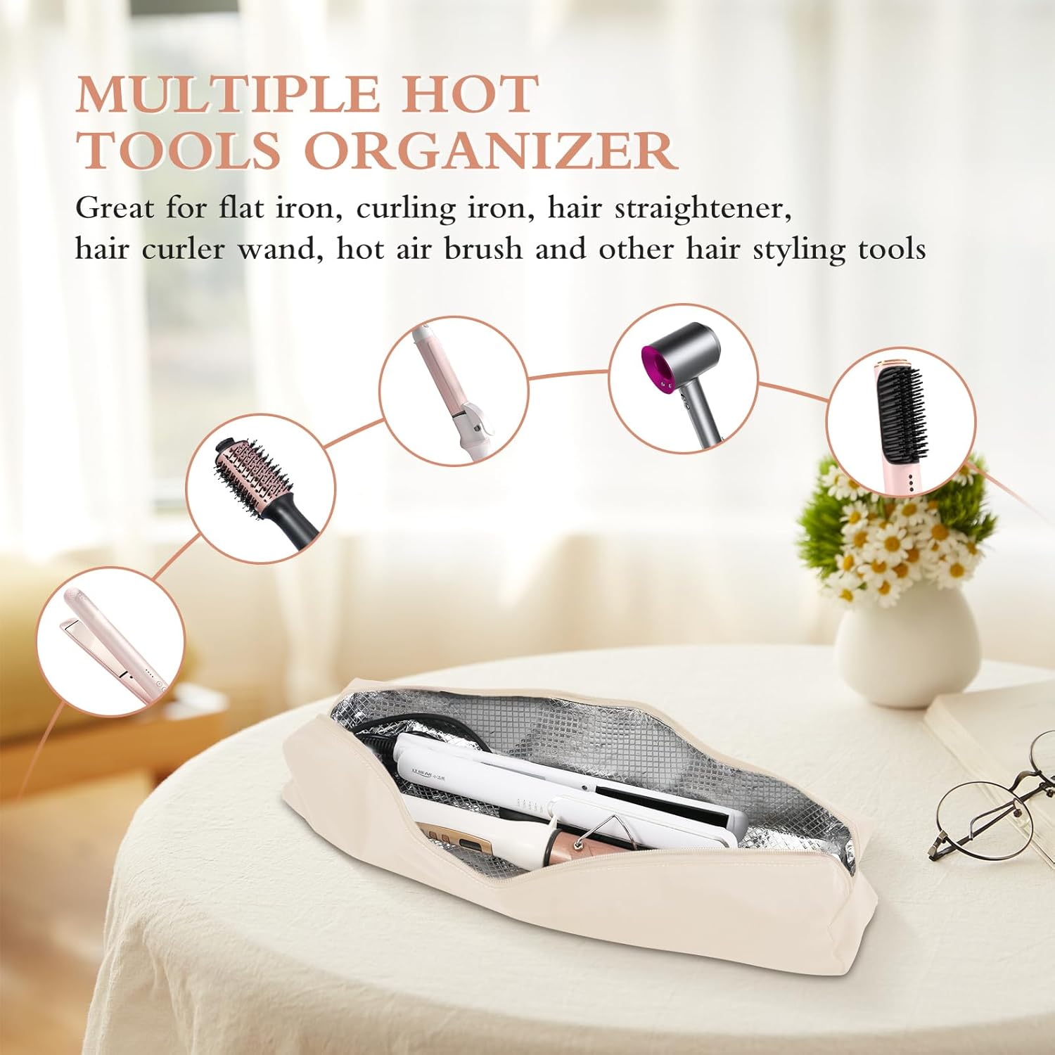 Suafrnut Professional Hot Hair Tools Organizer Bag Portable Travel Heat Resistant Storage Case Pouch for Curling Irons, Flat Irons, Hair Straightener and Styling Tools(17.7" X 3.2"X 3.2") image number 3