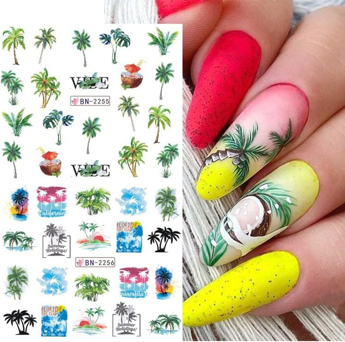 Coconut Trees Nail Art Stickers Summer Beach Nail Decals Stickers for Nail Art Plam Tree Tropical Style Nail Art Water Transfer Decals Sliders for Summer Nails Art Decoration Supplies Manicure Tips image number 1