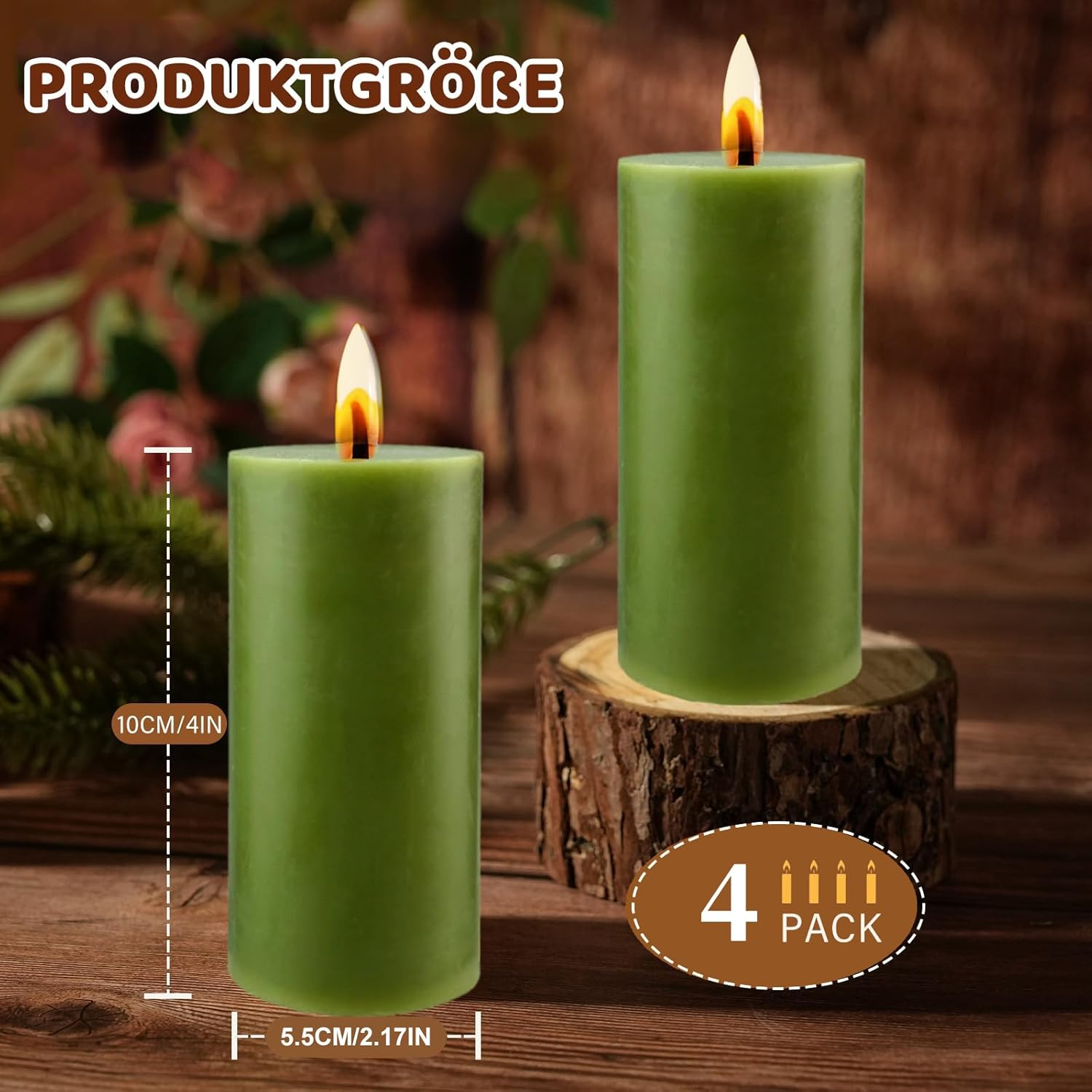 Pack of 4 Pillar Candles, Green Height 10 Cm, Diameter 5 Cm, Long Burning Time, Candle Set, Pillar Candles, Decorative Table Candles, Christmas Candles for Household, Celebrations and Catering image number 6