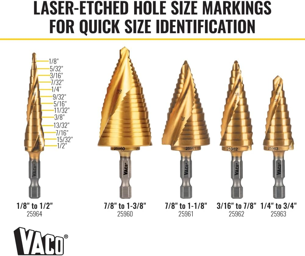 Klein Tools 25964 Step Drill Bit, 1/8 to 1/2-Inch, Spiral Double-Fluted, Cuts Thin Metal, Plastic, Aluminum, Wood, 1/4-Inch Hex Shank, VACO image number 5