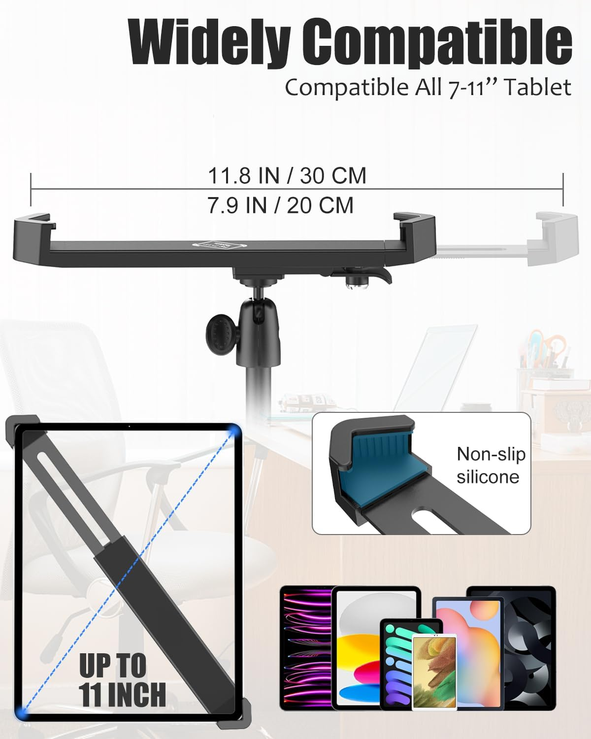 Anti-Theft Tablet Stand Holder Fits 7-11" Tablets, Tablet Kiosk Clamp Mount with Lock for Store POS Reception, Diagonal Clip Compatible with Ipad Pro 12.9/Air, Surface, Galaxy Tabs