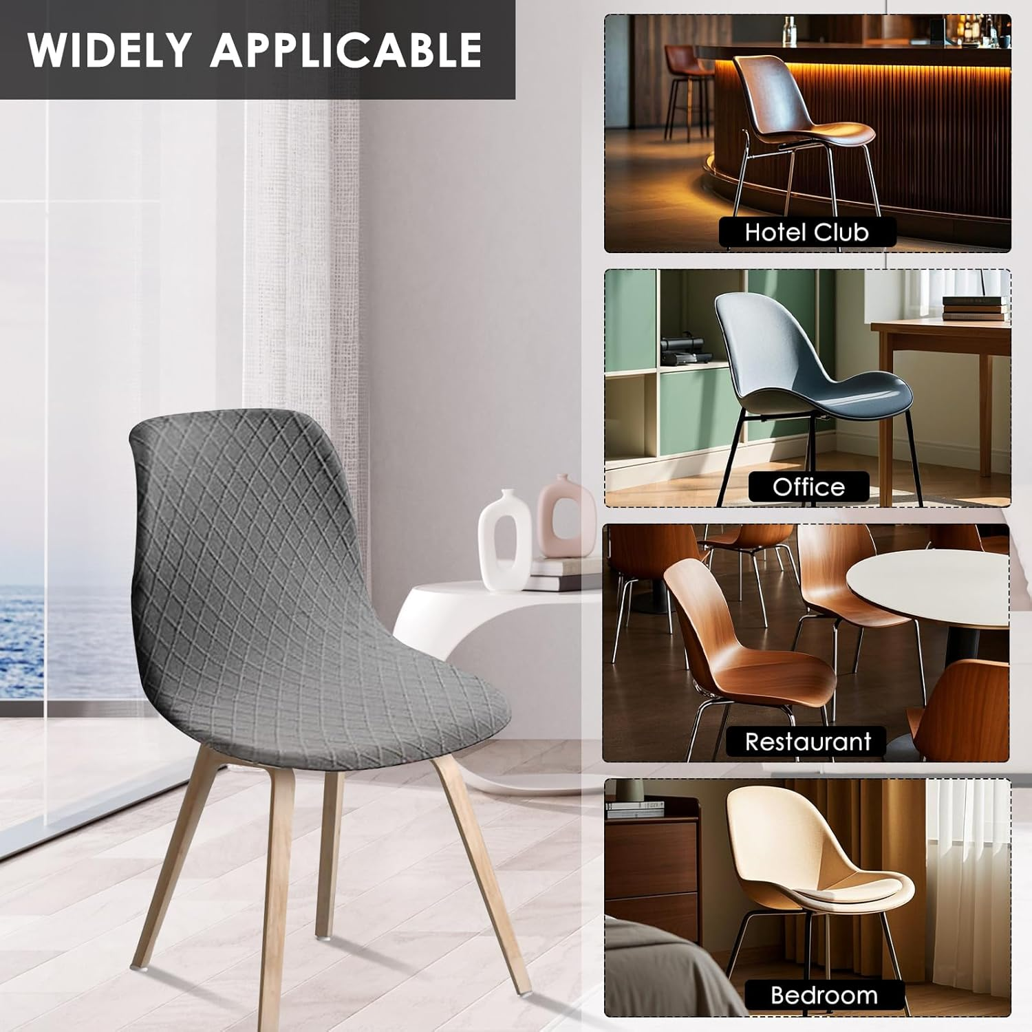 4PCS Dining Room Chair Covers, Minimalist Shell Chair Slipcovers, Elastic round Back Seat Covers, Easy to Install Arm-Less Seat Slipcover Ideal for Living Room Kitchen(Grey) - Navy image number 4