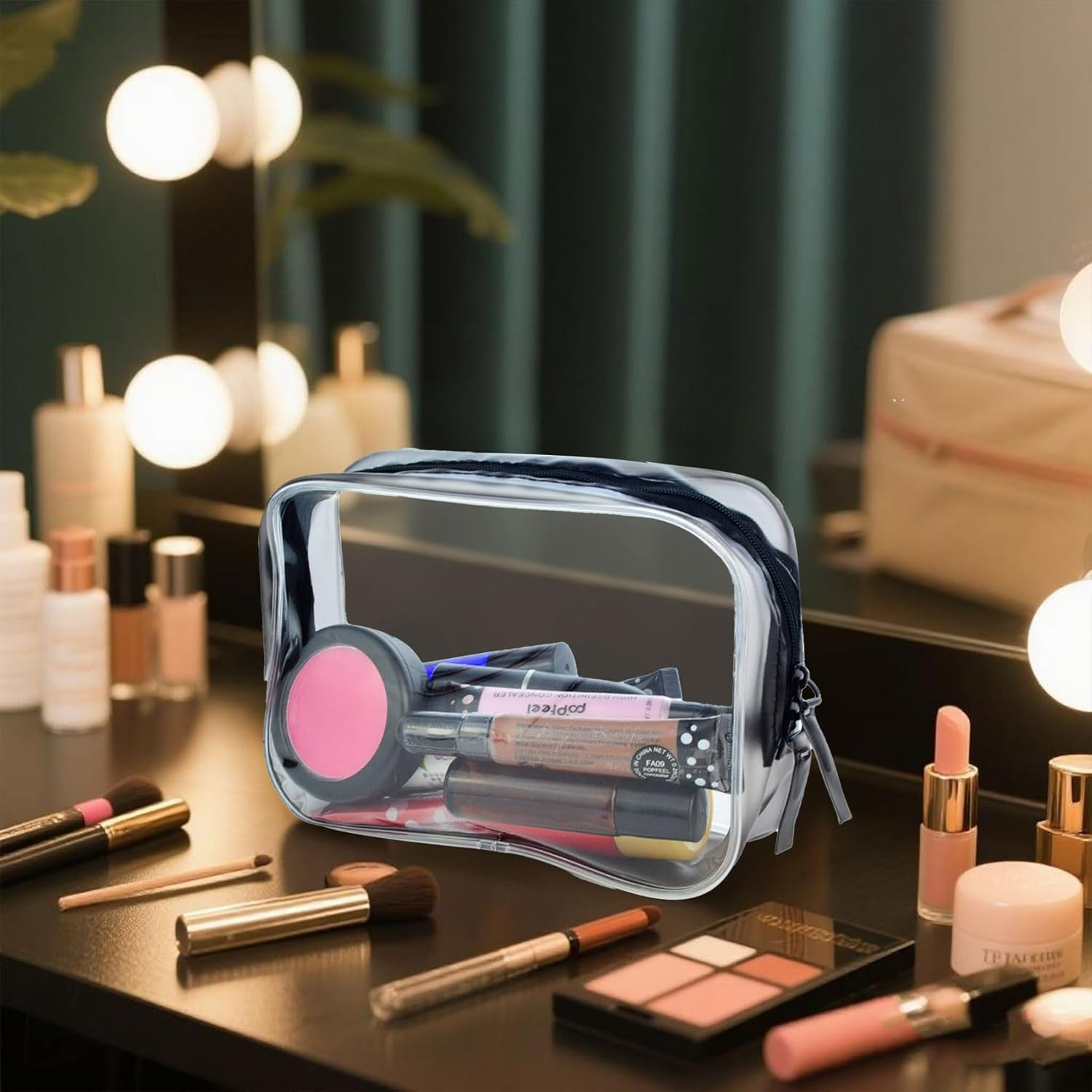 5 Pack TSA Approved Clear Toiletry Bag Clear Cosmetic Makeup Bag for Travel, Beach Vacation and Bathroom Quart Size Black image number 3