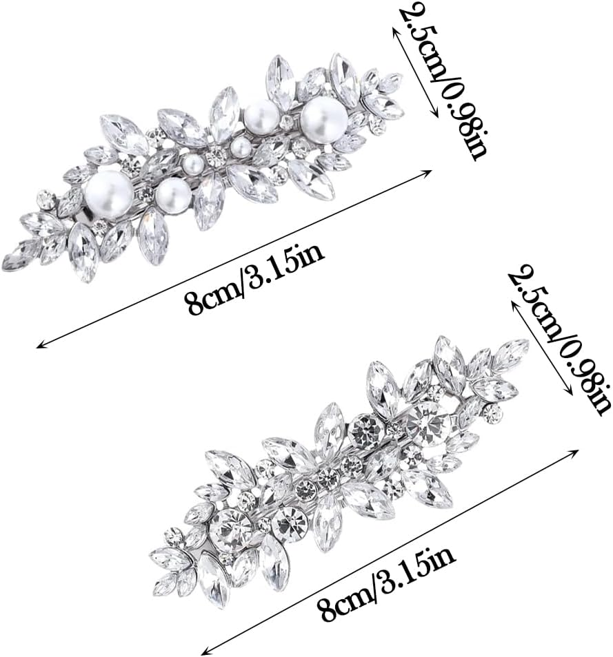 2Pcs Rhinestone Hair Clips, Betterjonny Crystal Pearl Hair Barrettes Flower Sparkle Hairpins French Wedding Prom Hair Clip Barrettes for Women Girls Bridal image number 6