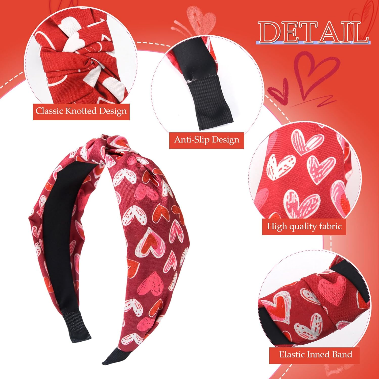 Valentines Headband for Women Girls, Graffiti Love Heart Hair Band, Pink Red Hearts Headbands Wide Knotted Non Slip Hair Accessories Valentines Day Wedding Party Supplies Romantic Decor - Style 1 image number 2