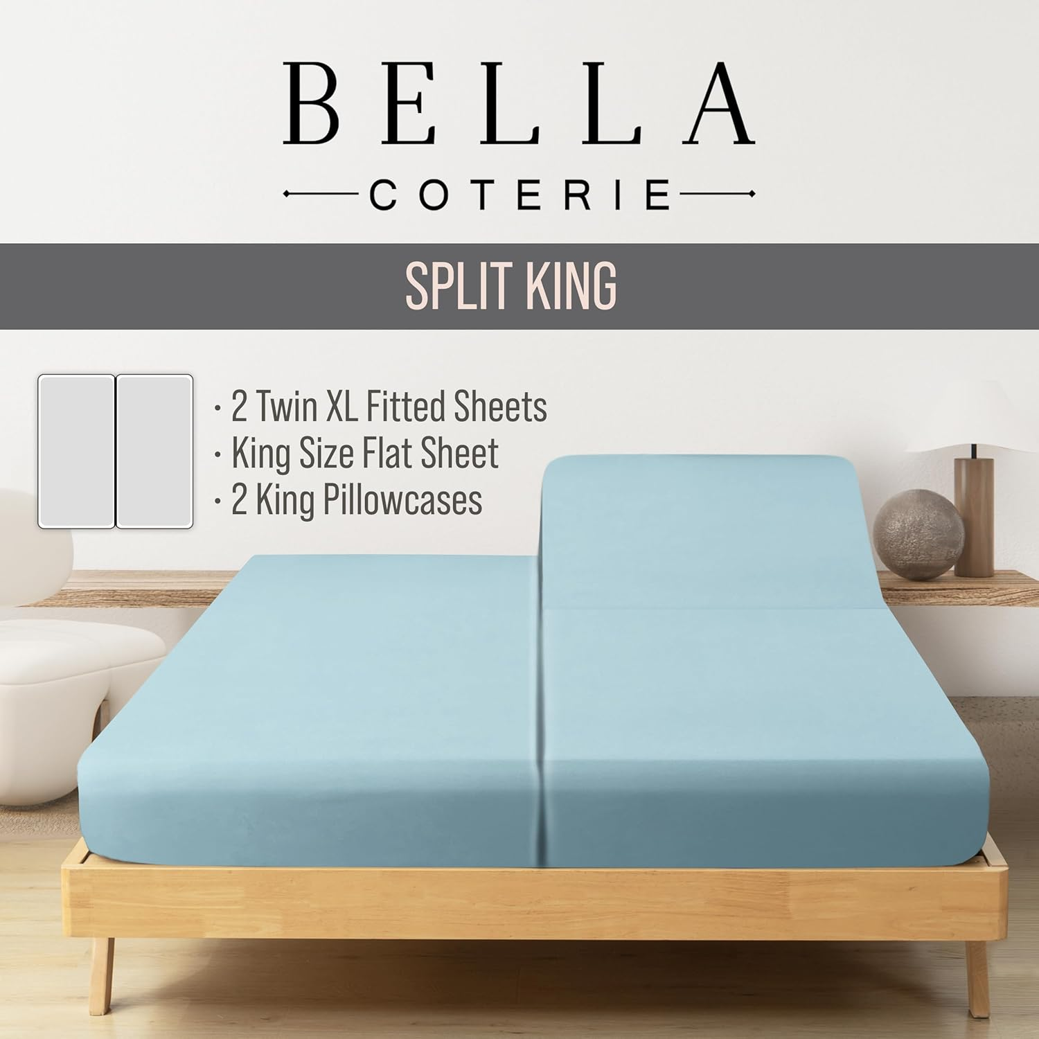 Split King Sheet Set | 100% Organically Grown Bamboo Viscose | Softer than Silk and Cotton | Cooling for Hot Sleepers | 2-18&rdquo; Extra Deep Pocket Fitted Sheets, Flat Sheet, 2 Pillowcases [Coastal Blue] image number 5