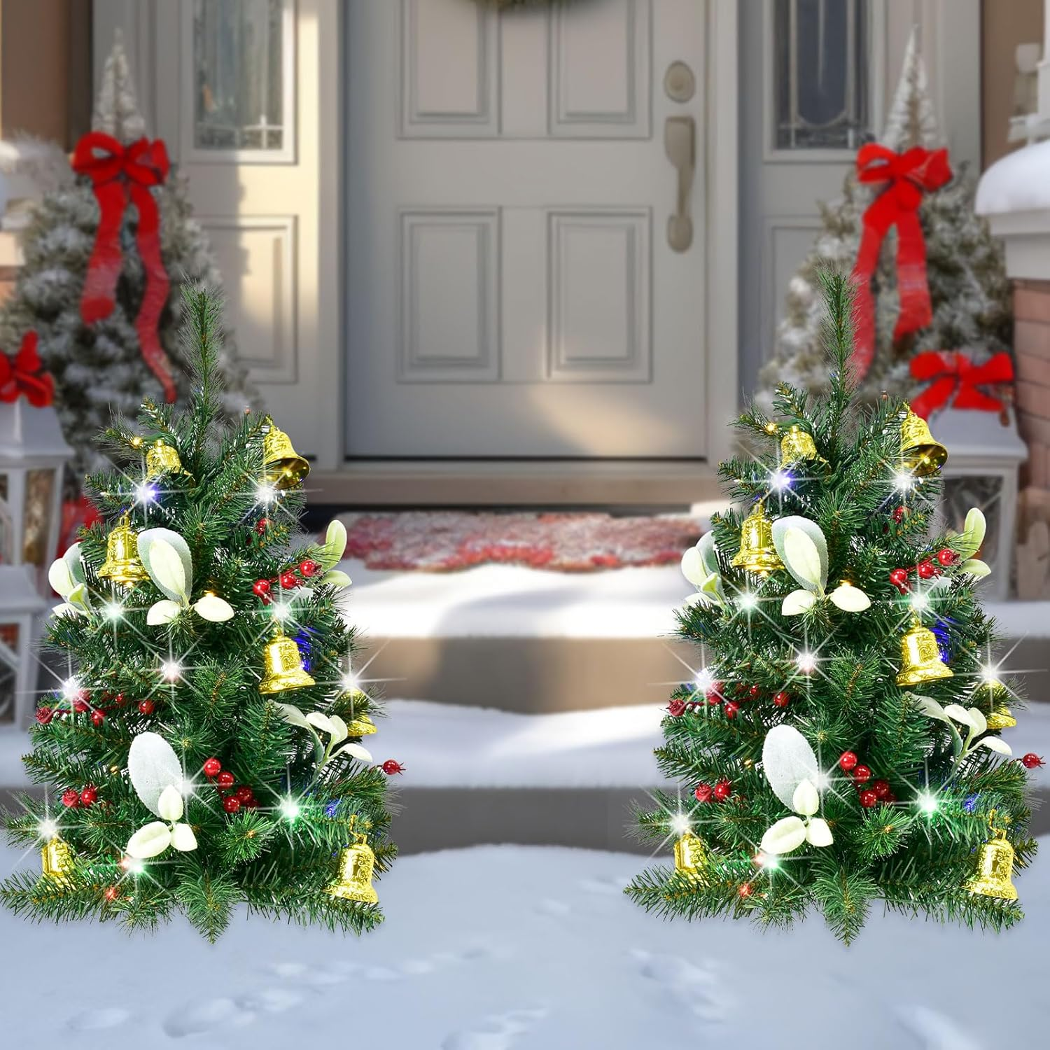 Set of 2 Christmas Tree Outdoor - Prelit Xmas Tree W/ 80 LED Multi-Color, for outside Holiday Display Yard Front Porch Pathway Decor image number 5