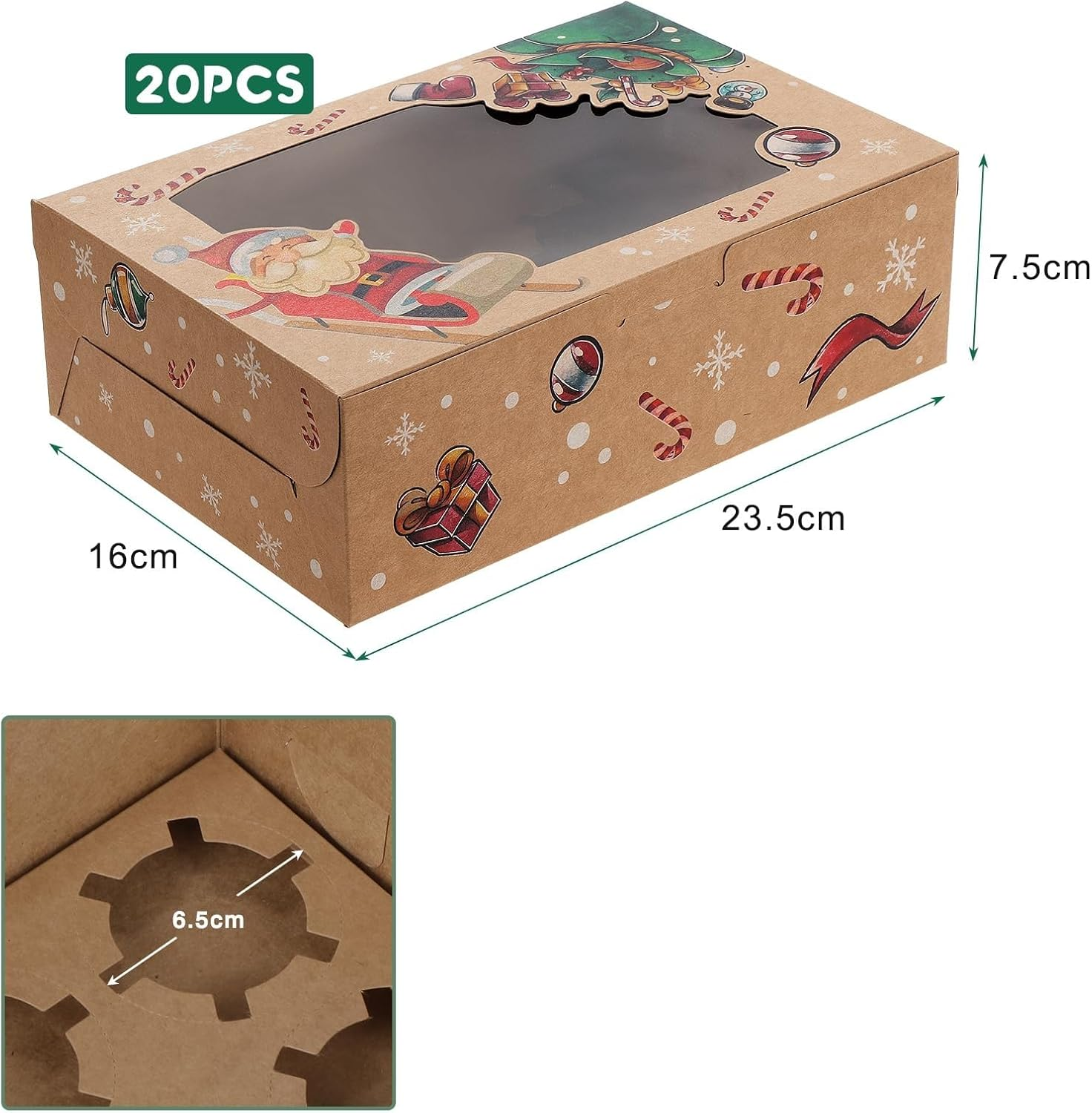 ZANZER 20PCS Christmas Cupcake Boxes 6 Hole with Window, Christmas Cakes Gift Boxes with Christmas Kraft, Christmas Pastry Boxes for Cupcake Cookies Desserts