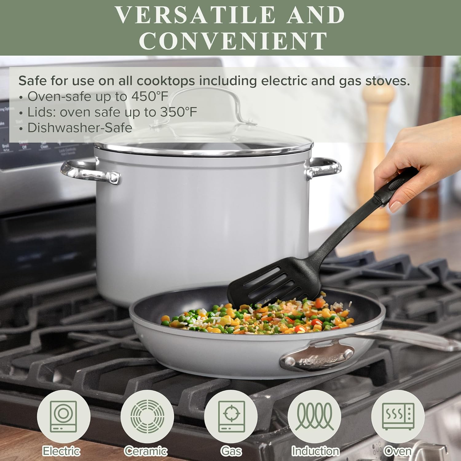 Nuwave Healthy Duralon Blue Ceramic Nonstick Coated Cookware Set, Diamond Infused Scratch-Resistant, PTFE & PFOA Free, Oven Safe, Induction Ready & Evenly Heats, Tempered Glass Lids & Stay-Cool Handle image number 3