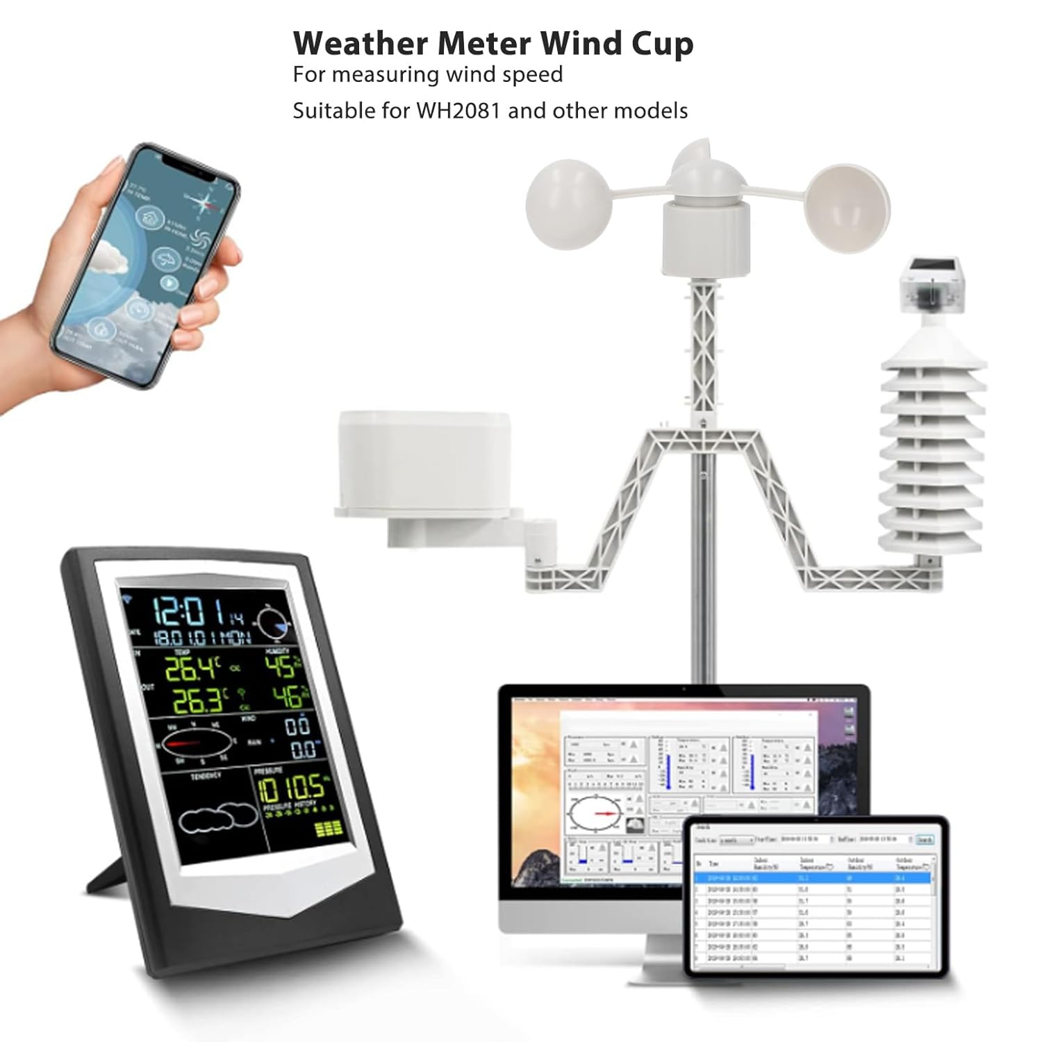 Weather Meter Kit, Wind Vane Cup Anemometer, Anemometer Cup Speed Measuring Sensor Cup RJ11 Connector 3 Cups Wind Direction Gauge for Weather Meter image number 1