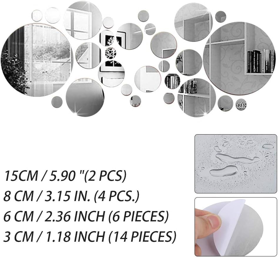 26 Pcs Acrylic Mirror Wall Stickers, Removable Wall Decal Mirror Set, Bathroom Wall Sticker Art, for DIY Circle Ceiling Mirrors for Bedroom, Home, Living Room, Sofa TV Background Decor image number 5