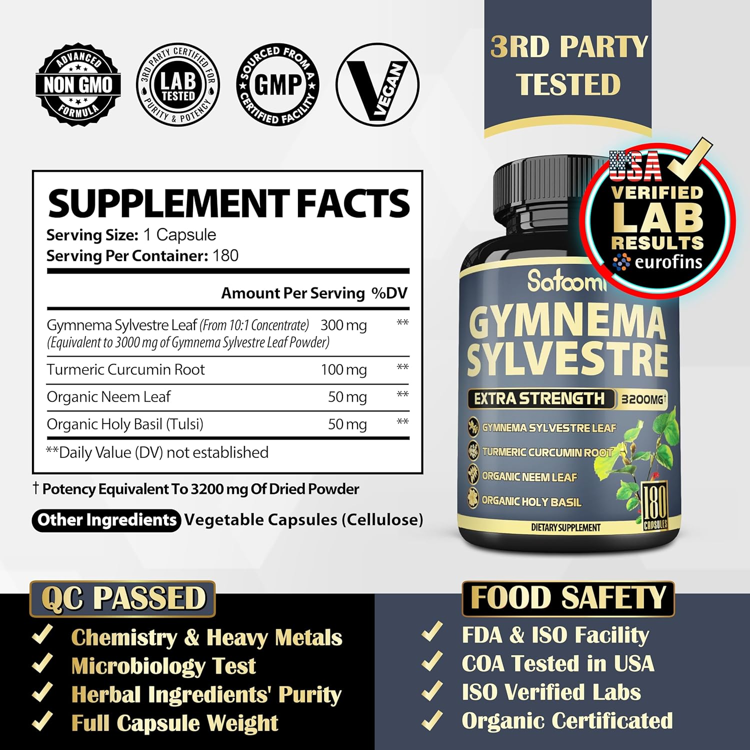 SATOOMI Gymnema Sylvestre Extract Capsules -    - 4 Herbs - Blended with Turmeric Curcumin & Neem Leaf, Holy Basil - 1 Pack 180 Vegan Capsules image number 3