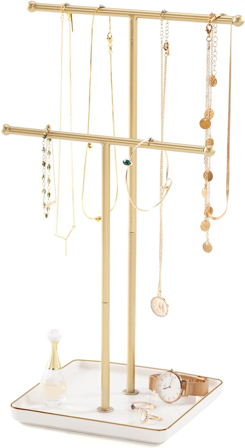 Lolalet Necklace Holder, Jewelry Display Stand with Ceramic Base Tray Jewelry Organizer Tree for Necklaces Bracelets Earrings Rings -White, 2 Tiers
